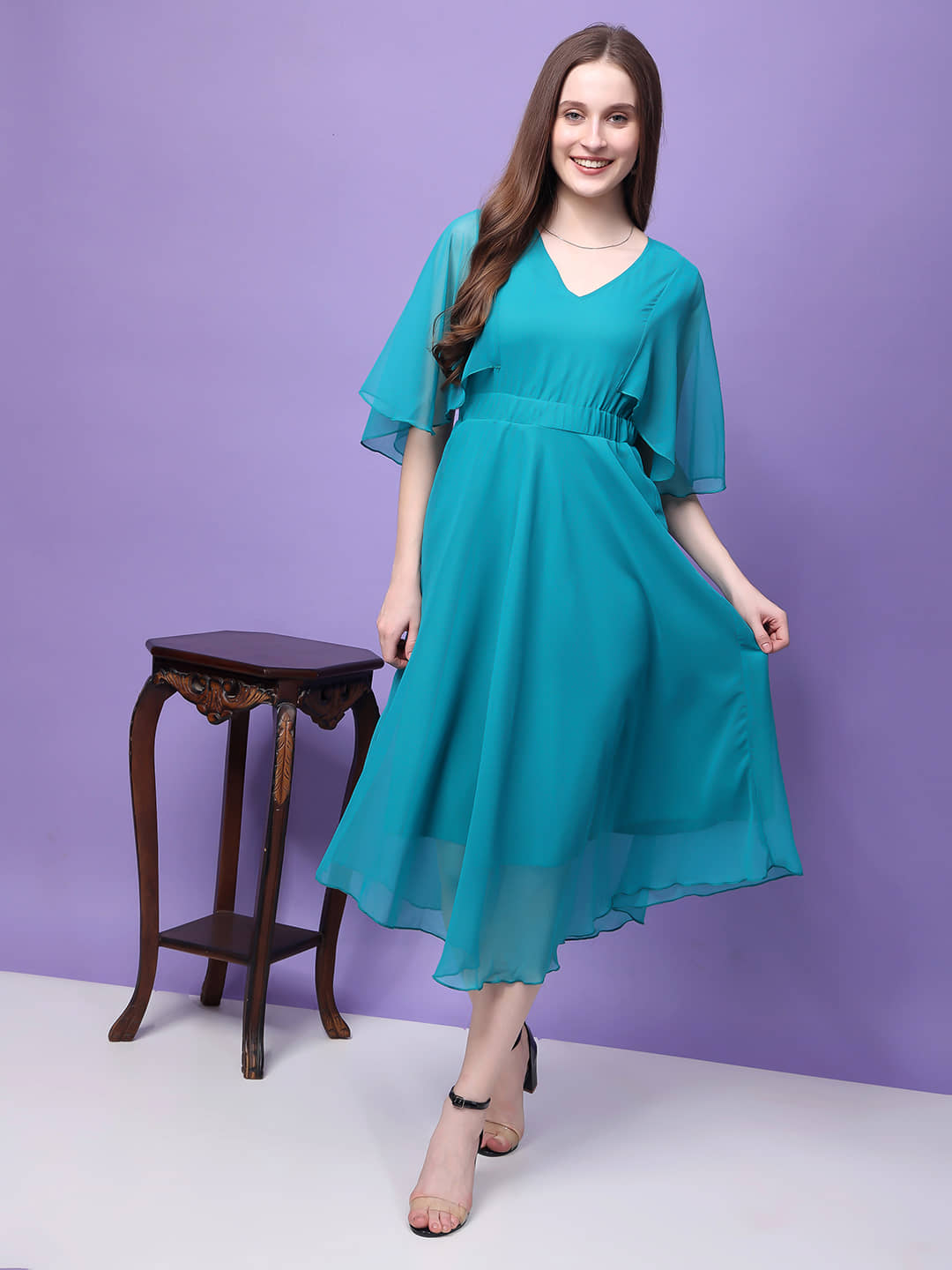 kg trenzz Women Georgette Solid Fit & Flare Dress ( Sea Green )