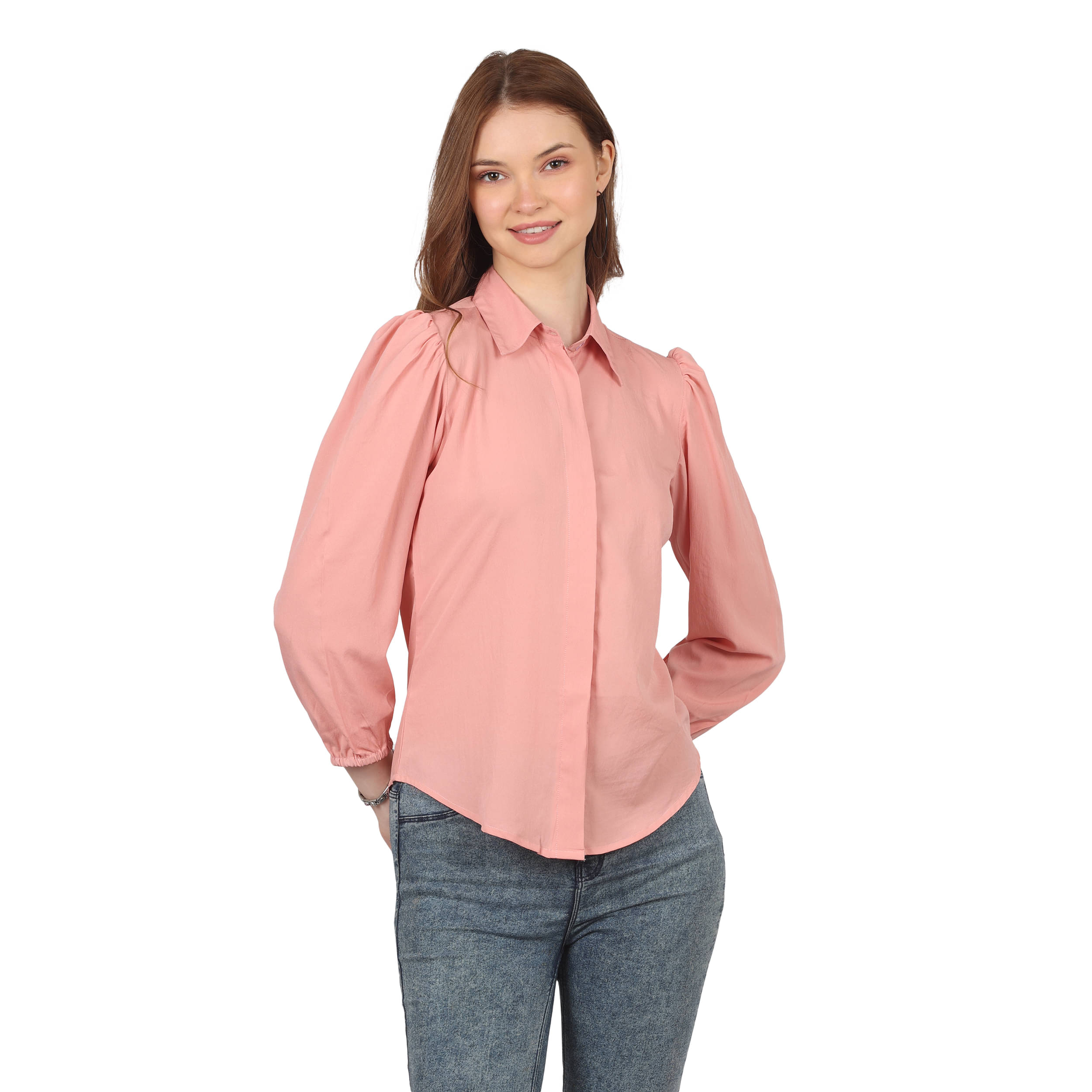 kg trenzz Women Solid Crepe Shirt ( Peach )     			kg trenzz Women Solid Crepe Shirt ( Peach )