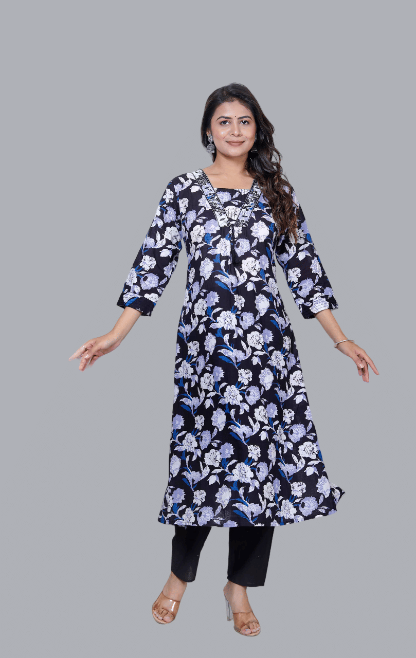     			miravan Cotton Printed Kurti With Pants Women's Stitched Salwar Suit - Black ( Pack of 1 )