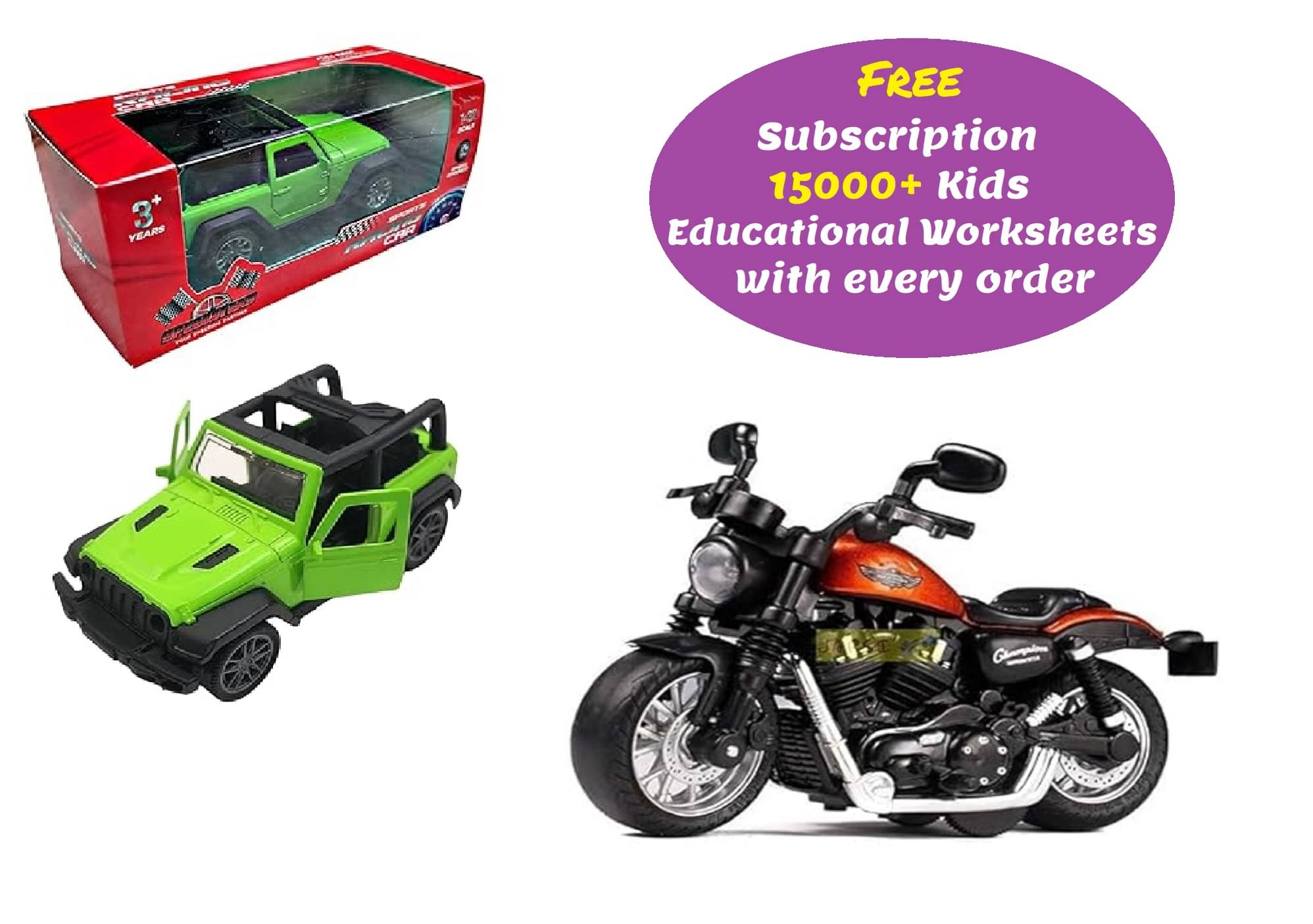     			Combo of Small Metal Thar & small bike (Free subscription of kids Educational worksheets)