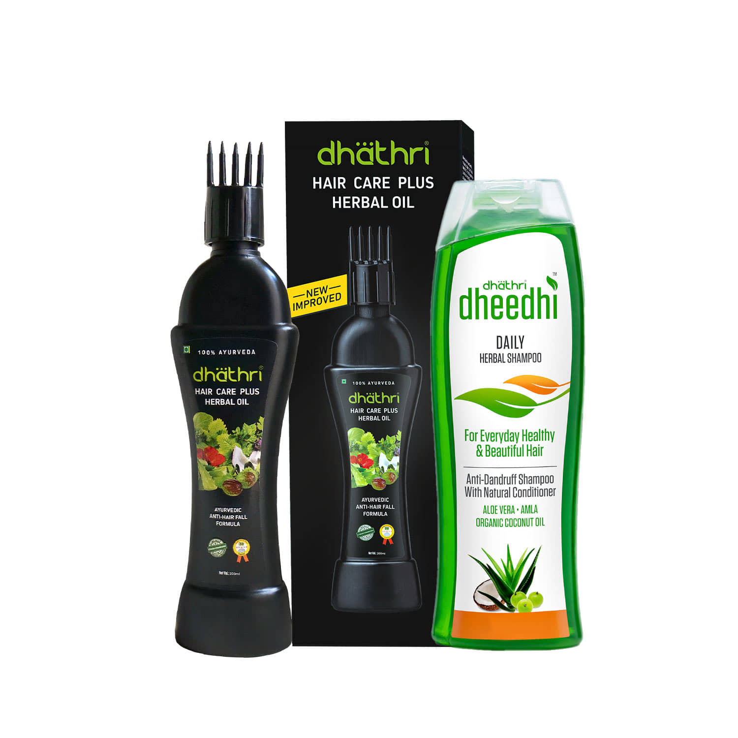 Dhathri Hair Care Plus Herbal Oil | Ayurvedic hair oil for intense hair fall problems - 100ml & Dheedhi Daily Herbal Shampoo | Mild Shampoo for daily use - 100ml