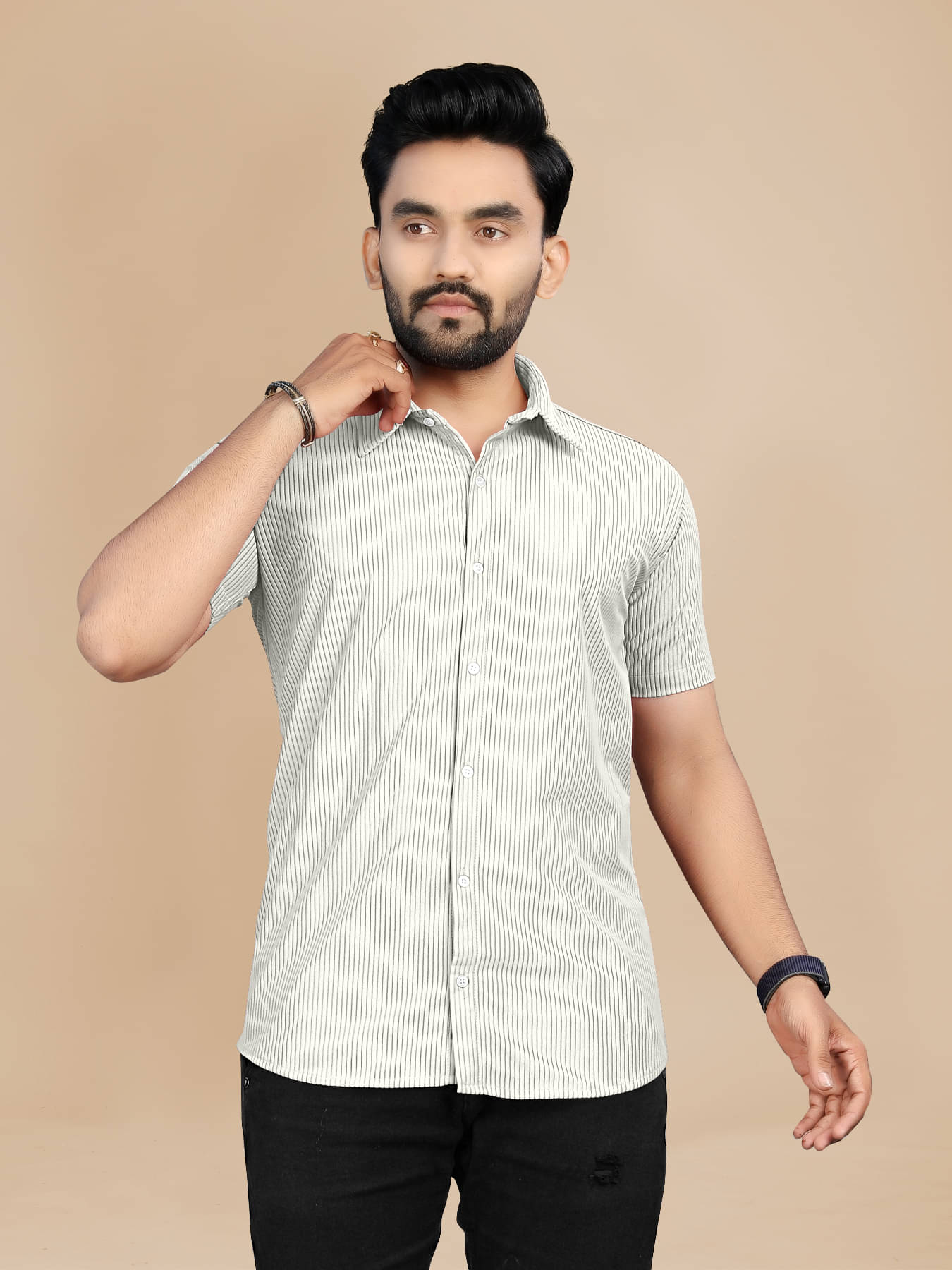     			Fashionfricks Cotton Flex Regular Fit Striped Half Sleeves Men's Casual Shirt - Cream ( Pack of 1 )