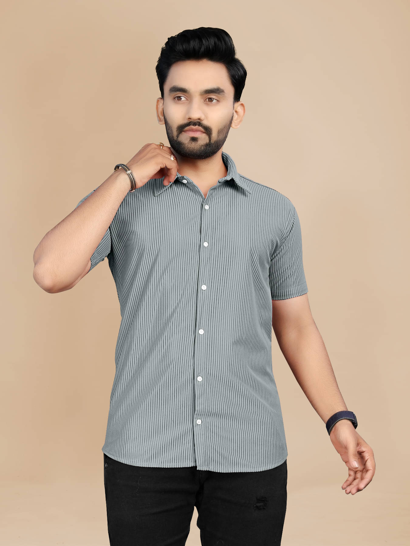    			Fashionfricks Cotton Flex Regular Fit Striped Half Sleeves Men's Casual Shirt - Grey ( Pack of 1 )