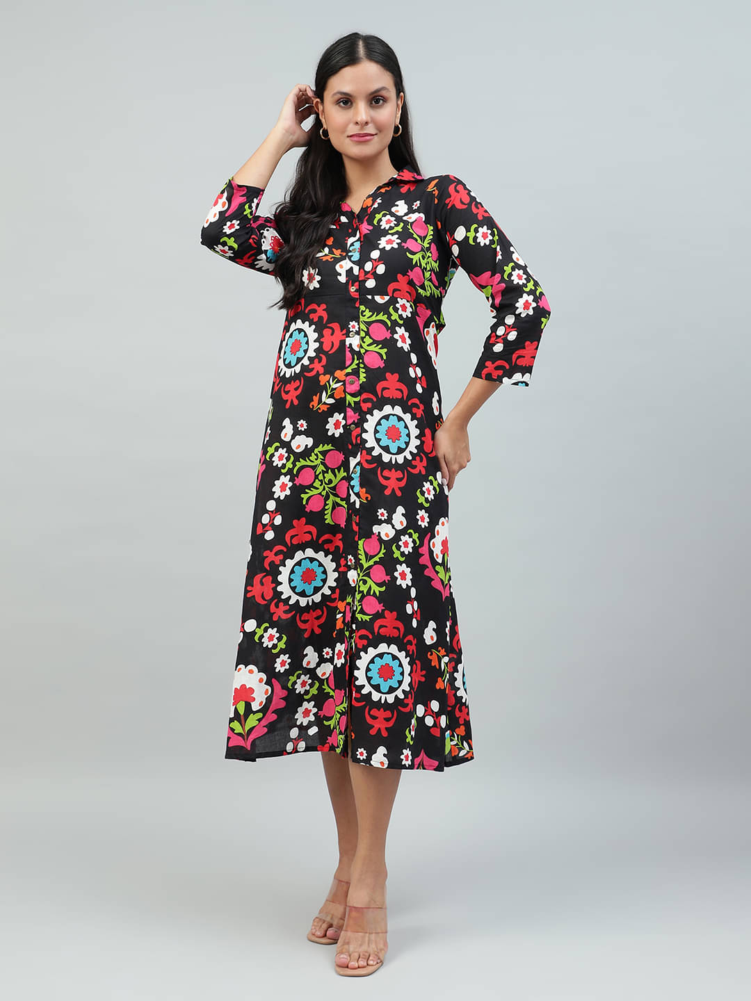     			Flamboyant Women Cotton Blend Printed A-line Dress ( Black )