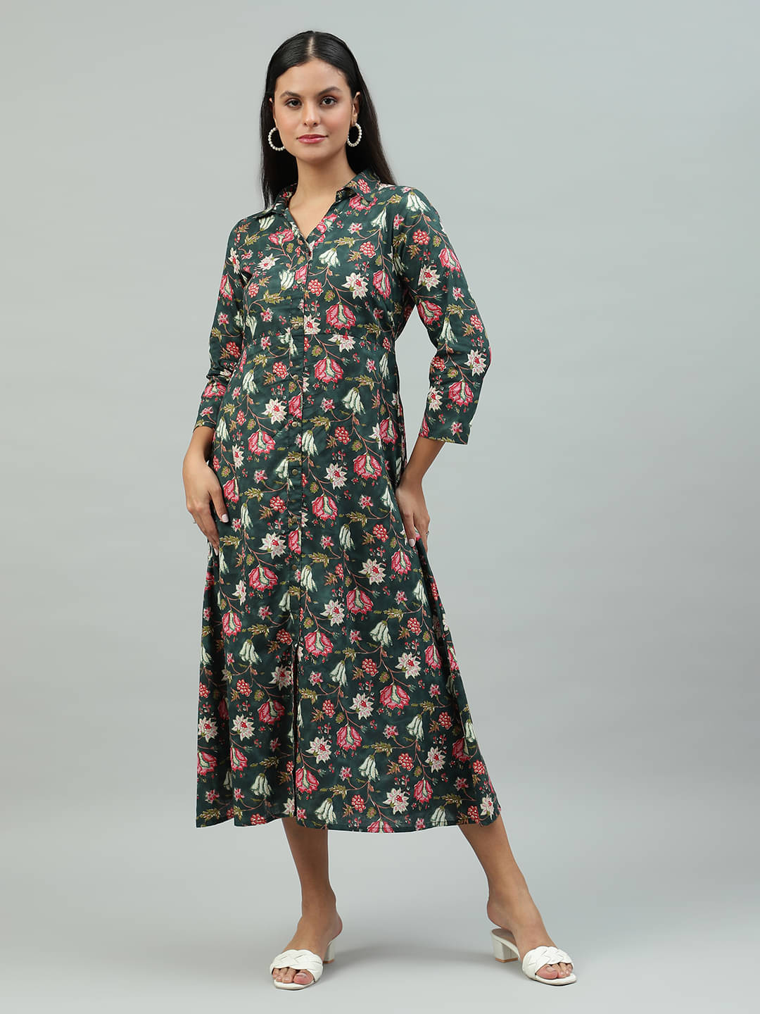     			Flamboyant Women Cotton Blend Printed A-line Dress ( Green )