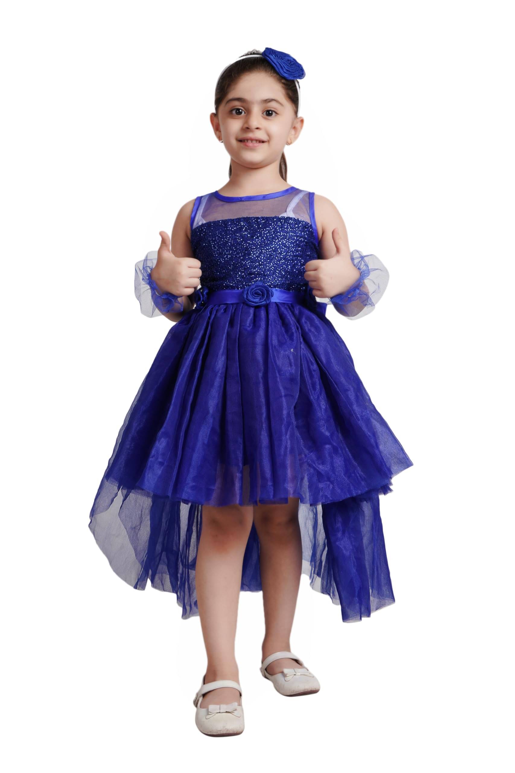     			Kaku Fancy Dress Blue Net Frock For Girls - Blue, 7-8 Years