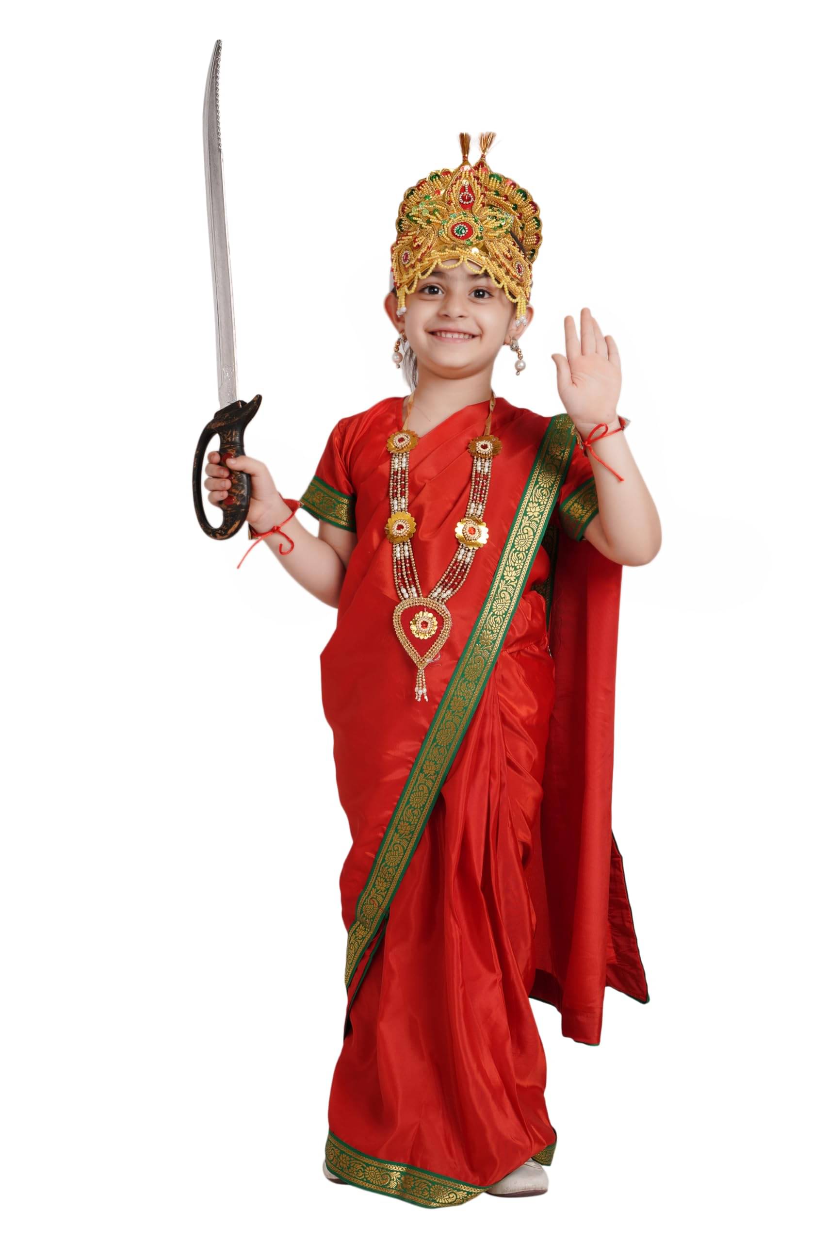     			Kaku Fancy Dresses Devi Durga Red Saree For Girls | Ready To Wear Saree | Mythological Godess Costume With Accessories - 3-4 Years,Silk/Polyester material