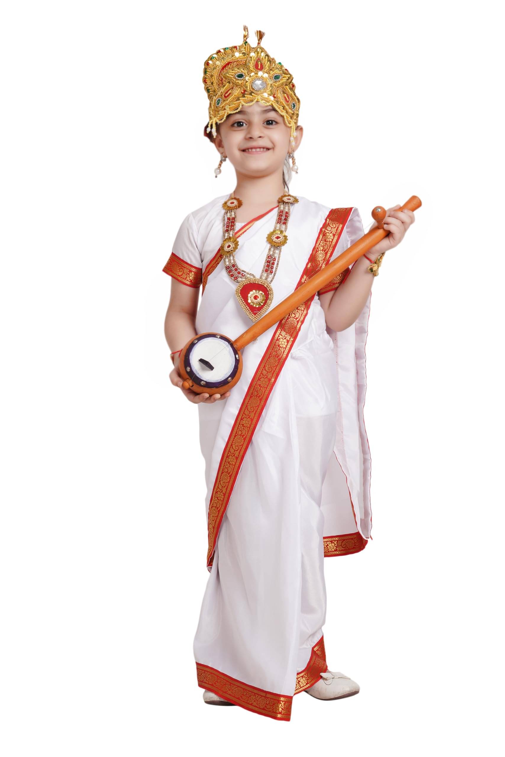Kaku Fancy Dresses Devi Saraswati White Saree For Girls | Ready To Wear Saree | Mythological Godess Costume With Accessories - 7-8 Years Kaku Fancy Dresses Devi Saraswati White Saree For Girls | Ready To Wear Saree | Mythological Godess Costume With Accessories - 7-8 Years