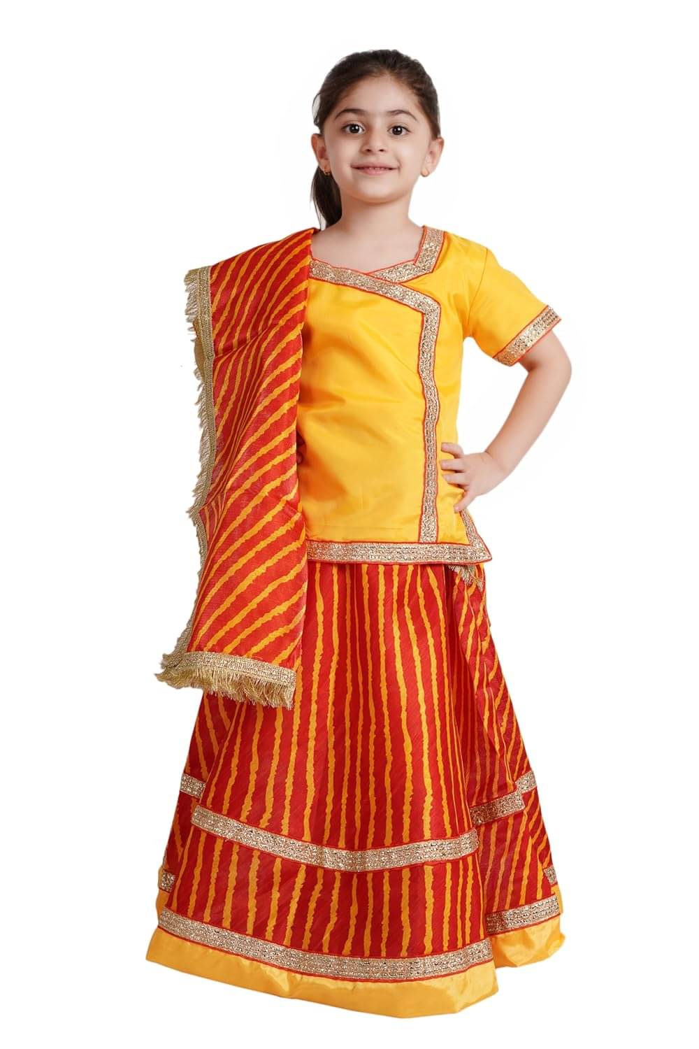 Kaku Fancy Dresses Leheriya Lehenga For Garba Dance Navratri Dance Costume for Girls - Red, 3-4 Years Kaku Fancy Dresses Leheriya Lehenga For Garba Dance Navratri Dance Costume for Girls - Red, 3-4 Years