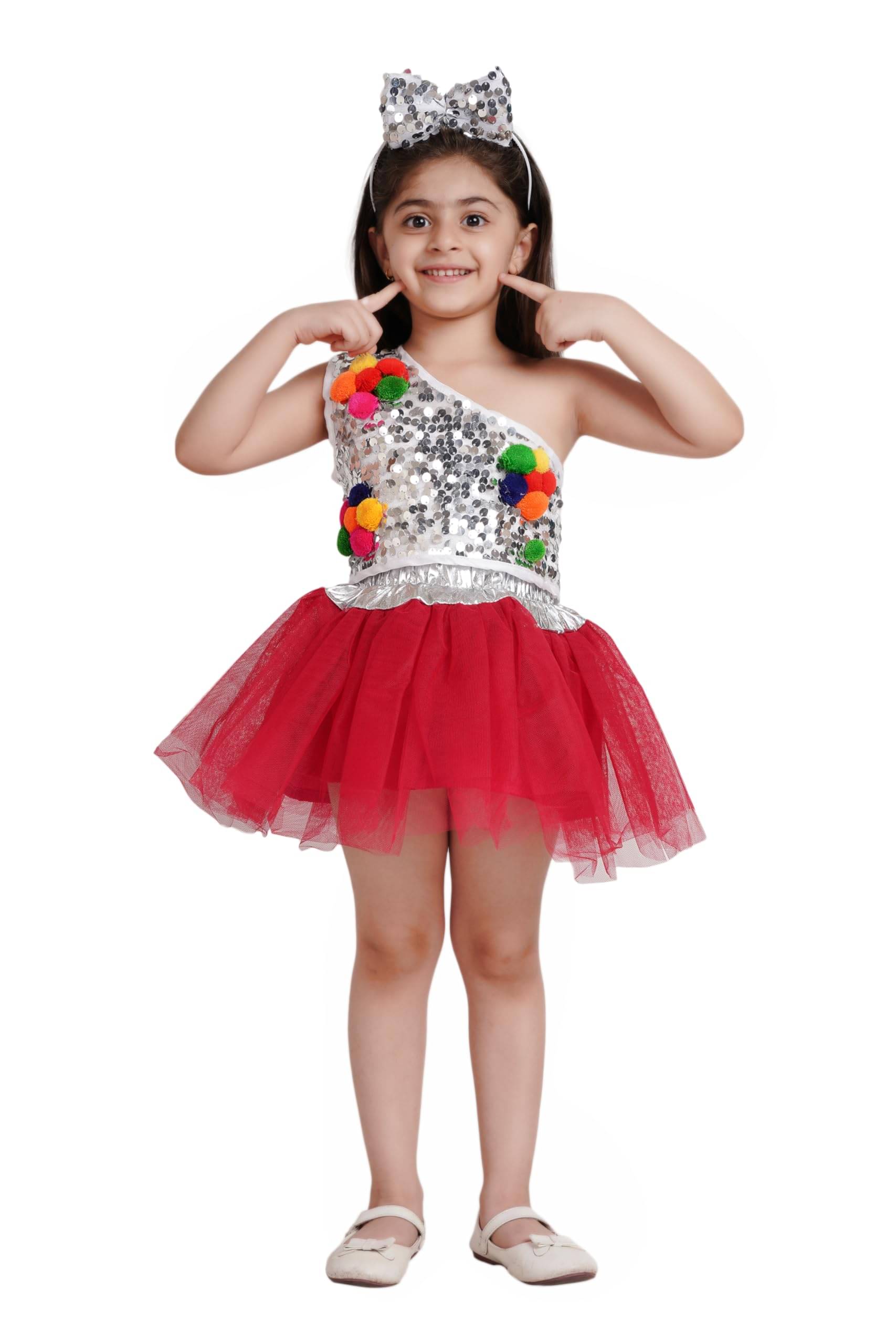     			Kaku Fancy Dresses Silver Princess Top With Magenta Net Skirt & Hairband - Silver/Magenta, 3-4 Years, For Girls