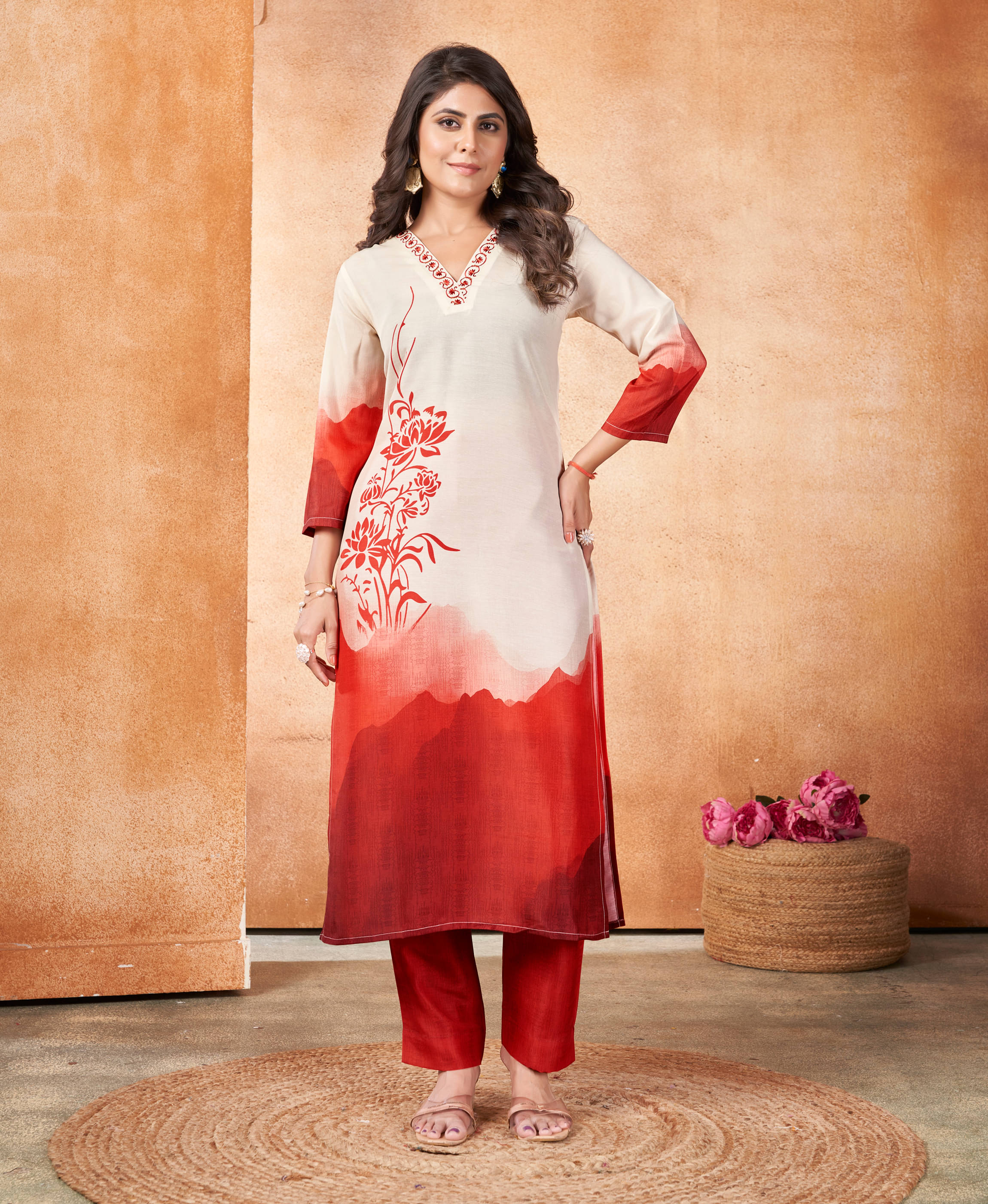     			MOJILAA Silk Blend Printed Kurti With Pants Women's Stitched Salwar Suit - Cream ( Pack of 1 )