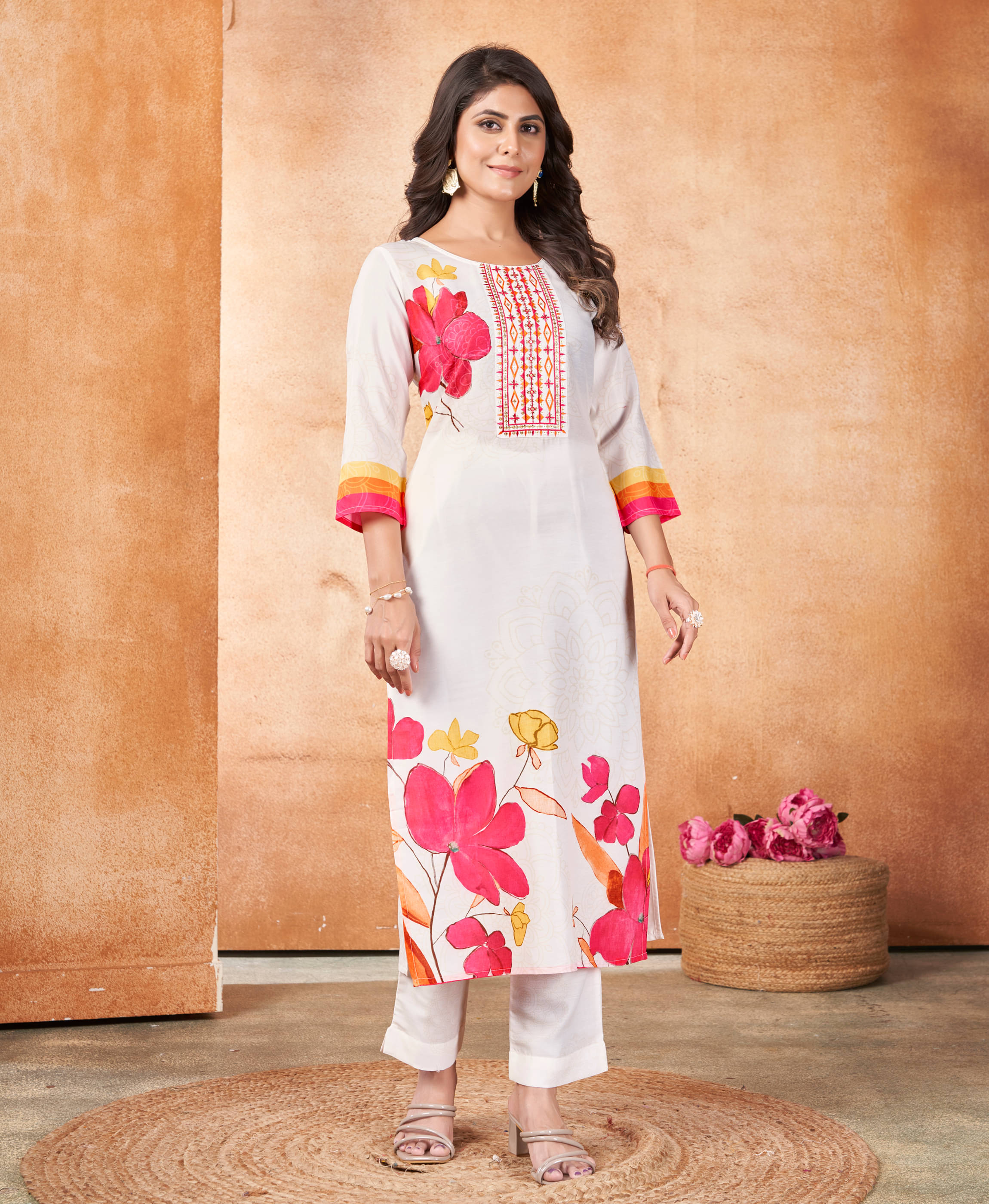 MOJILAA Silk Blend Printed Kurti With Pants Women's Stitched Salwar Suit - White ( Pack of 1 ) MOJILAA Silk Blend Printed Kurti With Pants Women's Stitched Salwar Suit - White ( Pack of 1 )