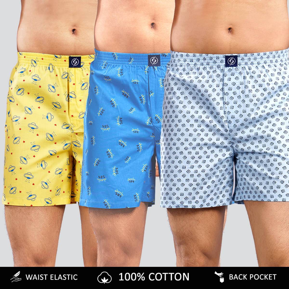 Supersquad Pack of 3 Cotton Boxers For Men's ( Assorted 12 )     			Supersquad Pack of 3 Cotton Boxers For Men's ( Assorted 12 )