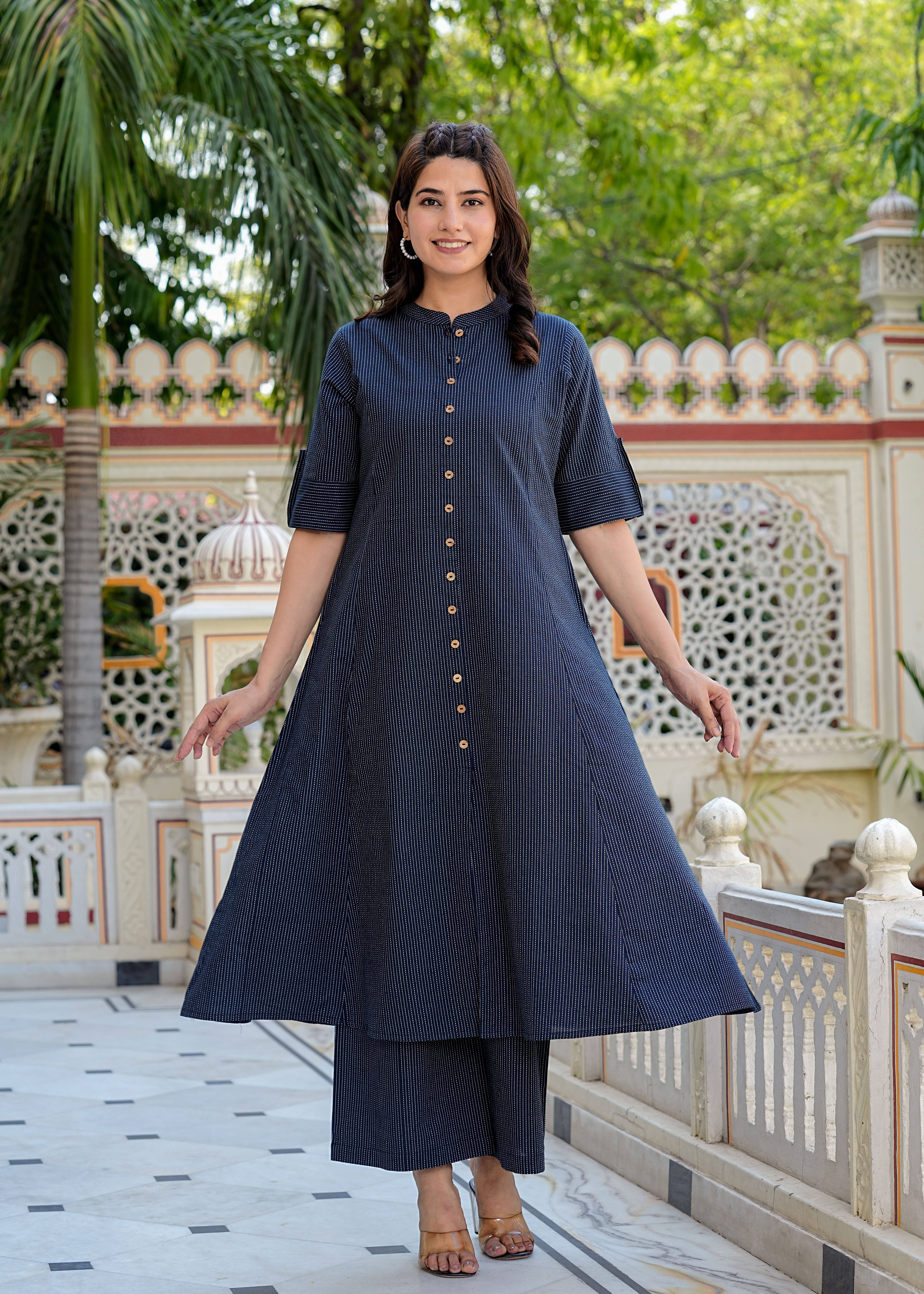 Yash Gallery Cotton Striped Kurti With Palazzo Women's Stitched Salwar Suit - Blue ( Pack of 1 ) Yash Gallery Cotton Striped Kurti With Palazzo Women's Stitched Salwar Suit - Blue ( Pack of 1 )