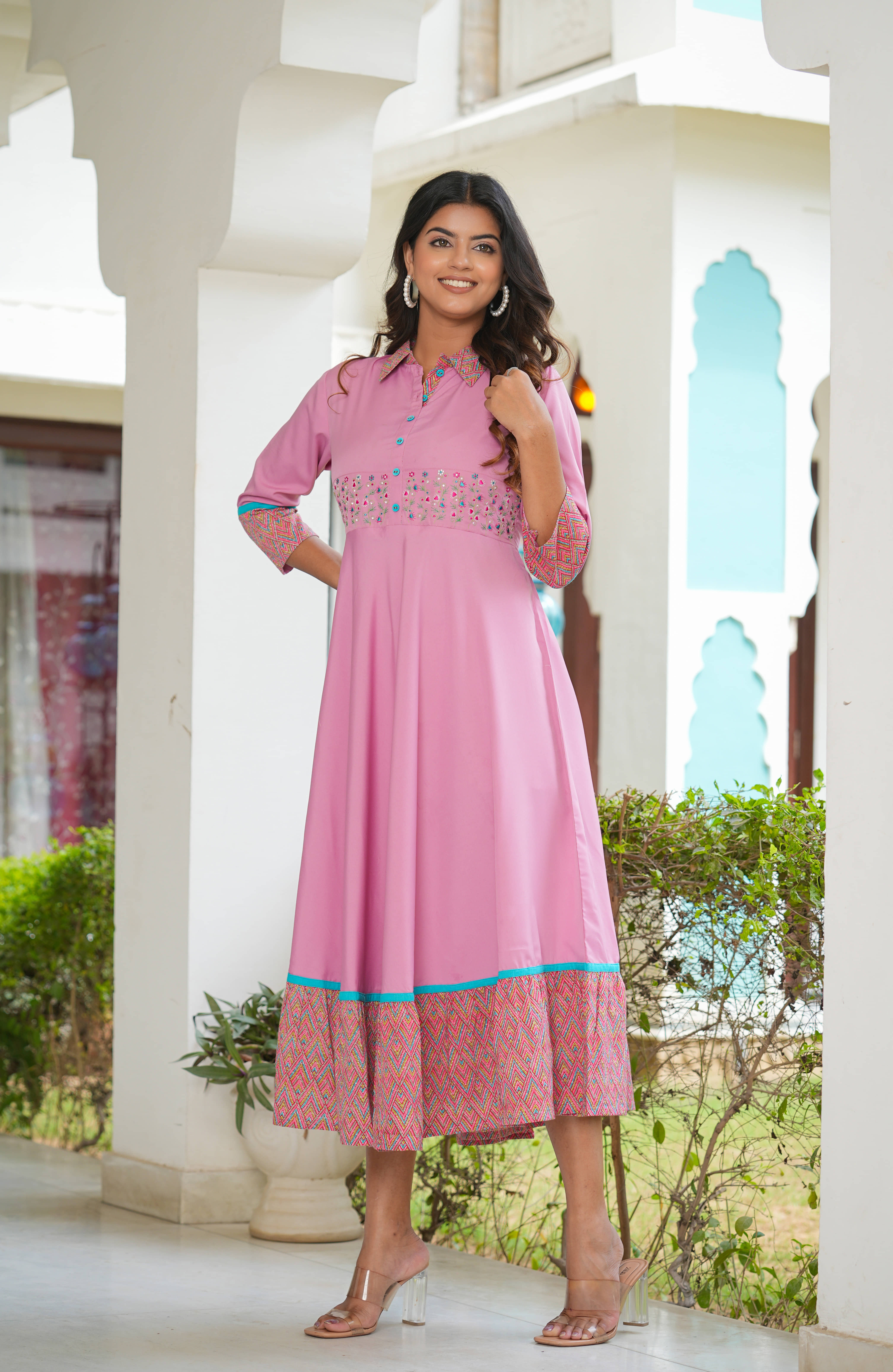 Yash Gallery Polyester Embroidered Midi Women's Fit & Flare Dress - Pink ( Pack of 1 )
