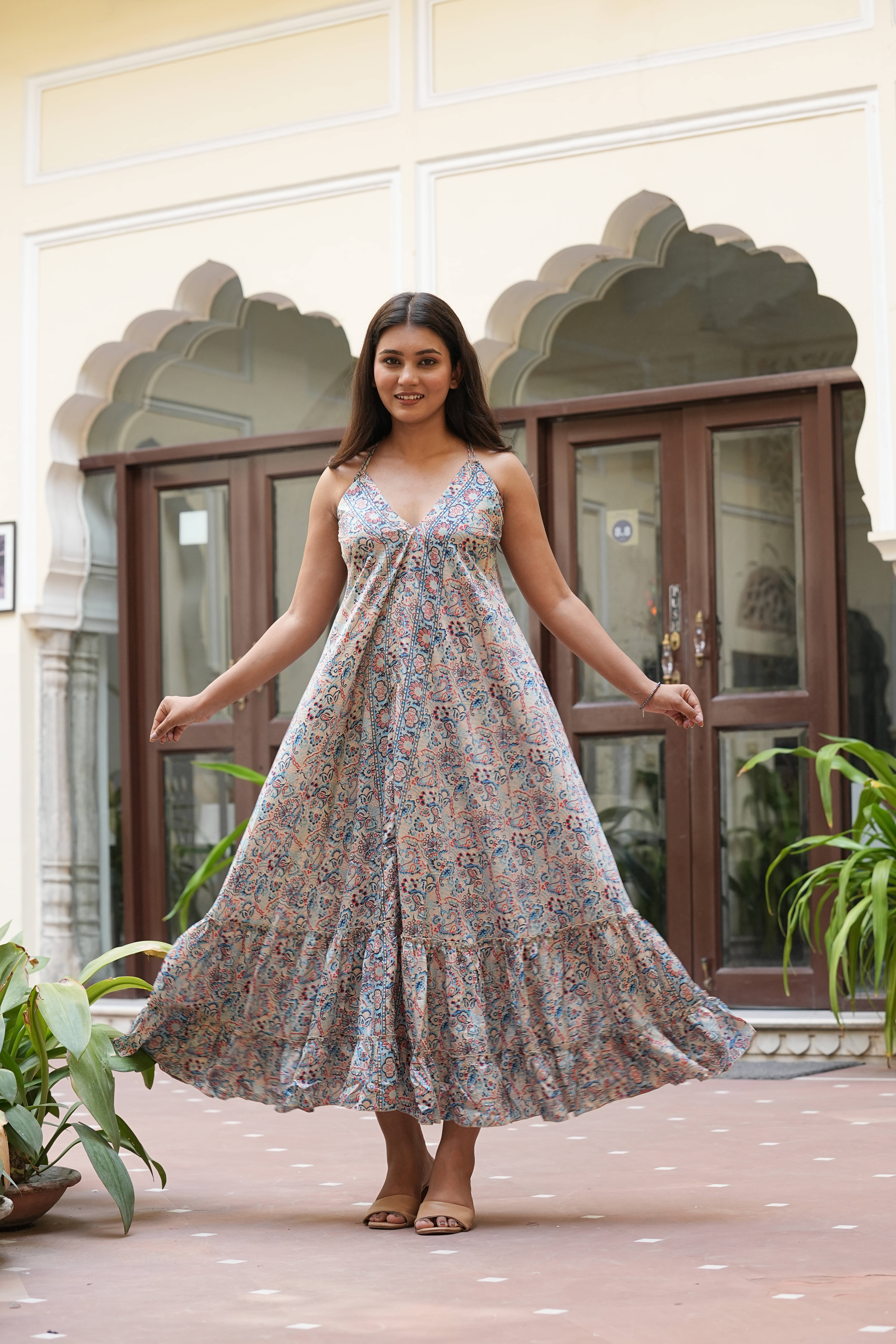     			Yash Gallery Women Polyester Printed Fit & Flare Dress ( Blue )
