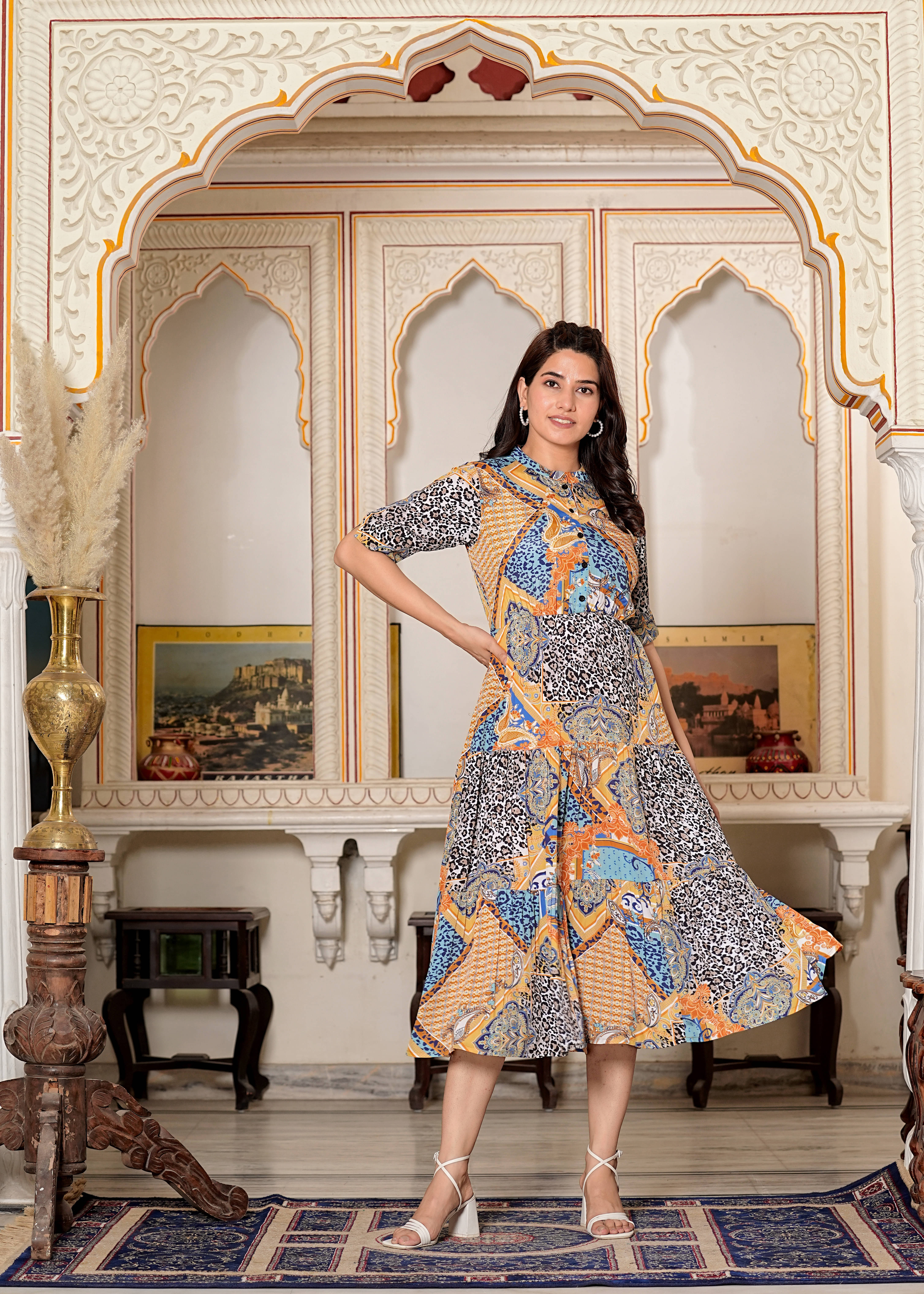     			Yash Gallery Women Polyester Printed Fit & Flare Dress ( Multi Color )