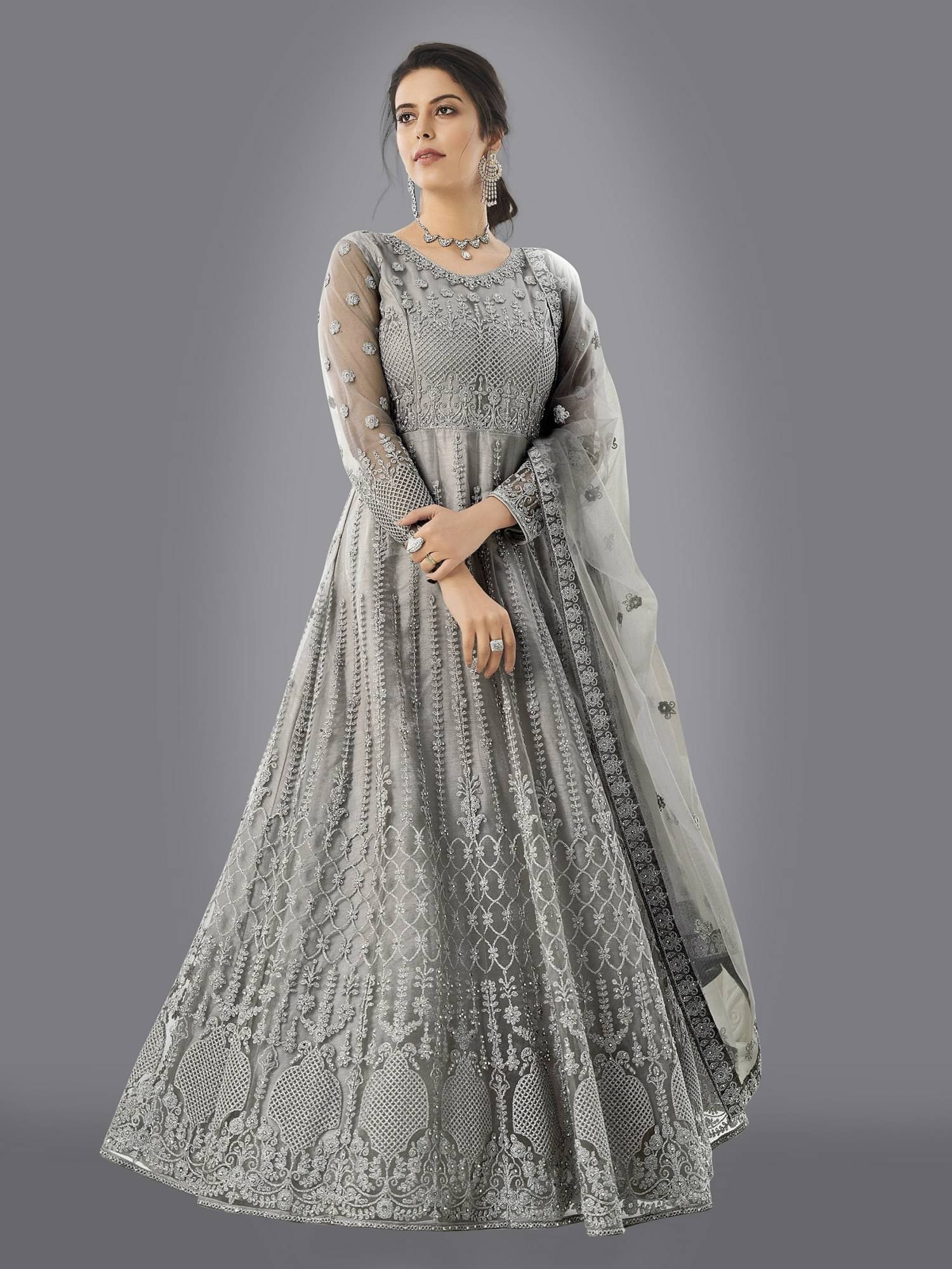 A TO Z CART Grey Flared Net Women's Semi Stitched Ethnic Gown ( Pack of 1 ) A TO Z CART Grey Flared Net Women's Semi Stitched Ethnic Gown ( Pack of 1 )