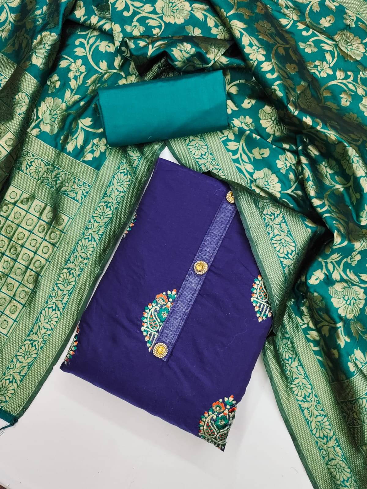 ALSHOP Unstitched Chanderi Embroidered Dress Material - Navy Blue ( Pack of 1 ) ALSHOP Unstitched Chanderi Embroidered Dress Material - Navy Blue ( Pack of 1 )