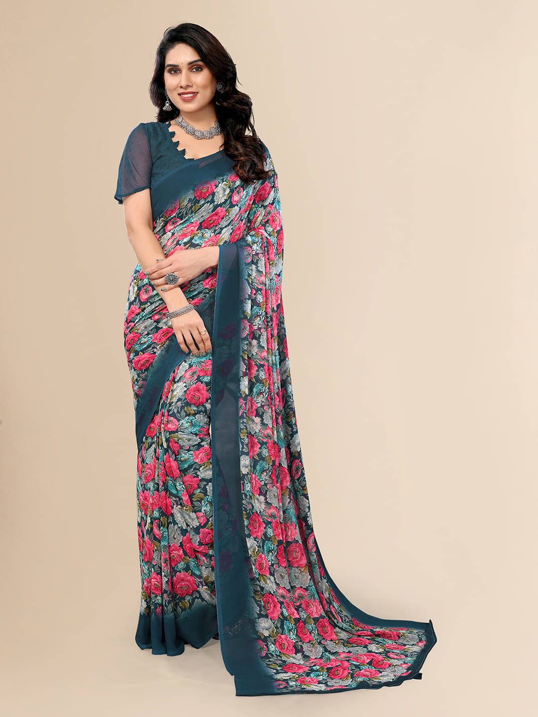ANAND SAREES Chiffon Printed Saree With Unstitched Blouse Piece ( Pink ) ANAND SAREES Chiffon Printed Saree With Unstitched Blouse Piece ( Pink )