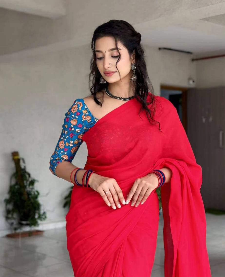 ANAND SAREES Georgette Dyed Saree With Unstitched Blouse Piece ( Red ) ANAND SAREES Georgette Dyed Saree With Unstitched Blouse Piece ( Red )