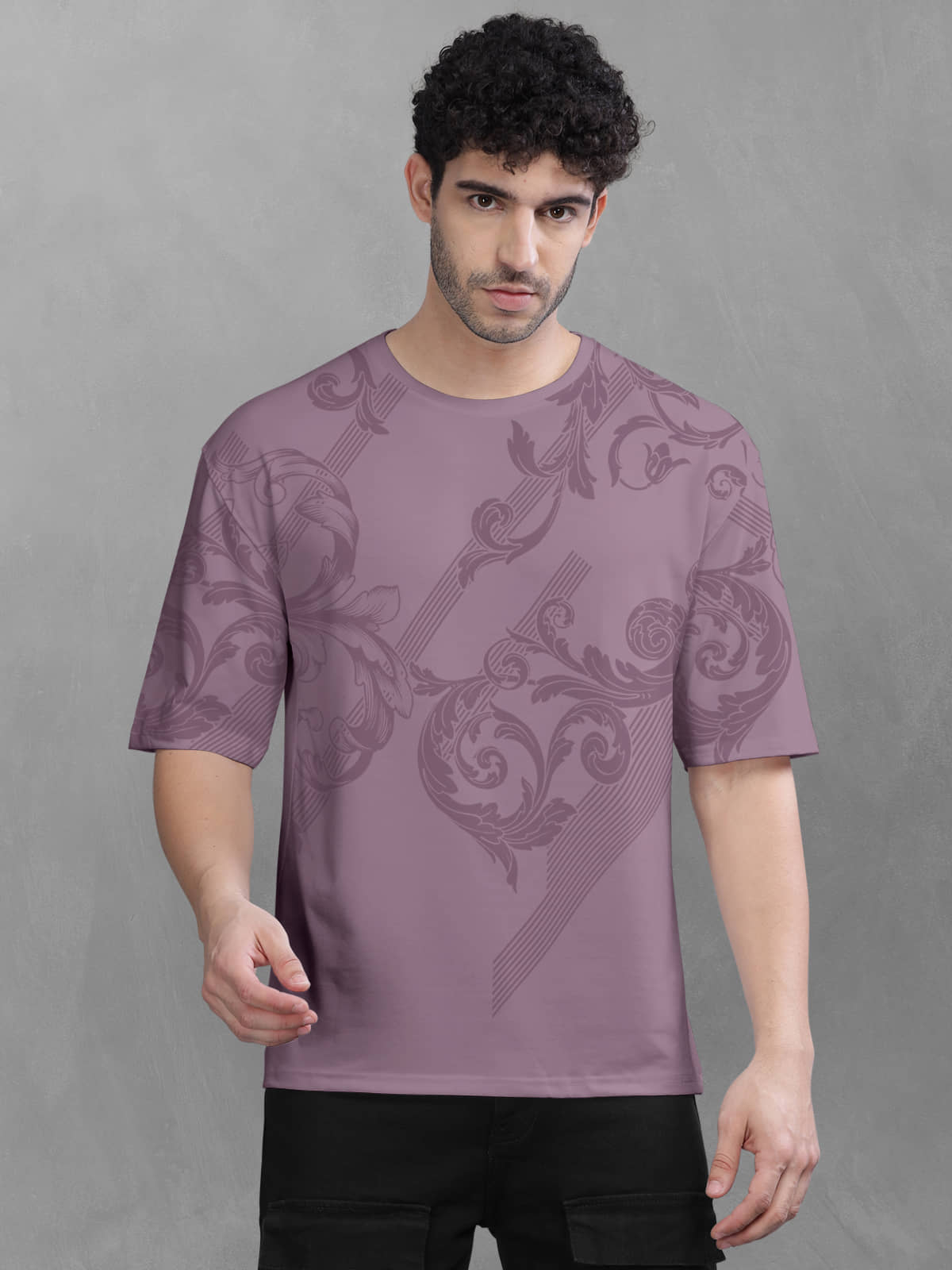 BULLMER Men Cotton Blend Oversized Fit Printed T-Shirt ( Purple )
