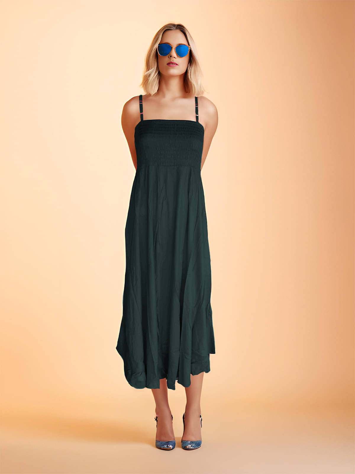 Colorscube Women Rayon Solid Fit & Flare Dress ( Green ) Colorscube Women Rayon Solid Fit & Flare Dress ( Green )