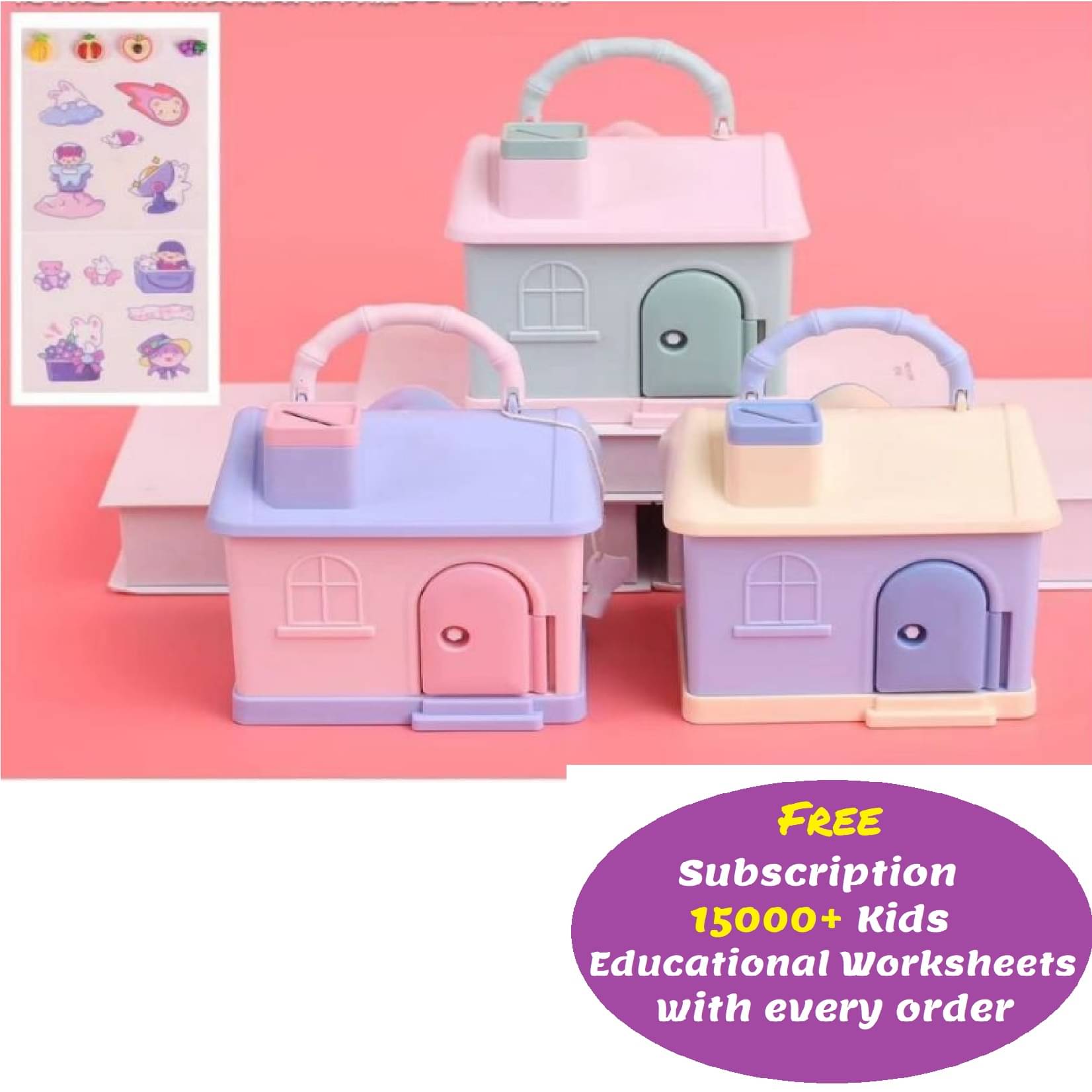     			Hut Shape High Quality Plastic Coin Bank Piggy Bank for Kids with Lock (Free subscription of kids Educational worksheets)