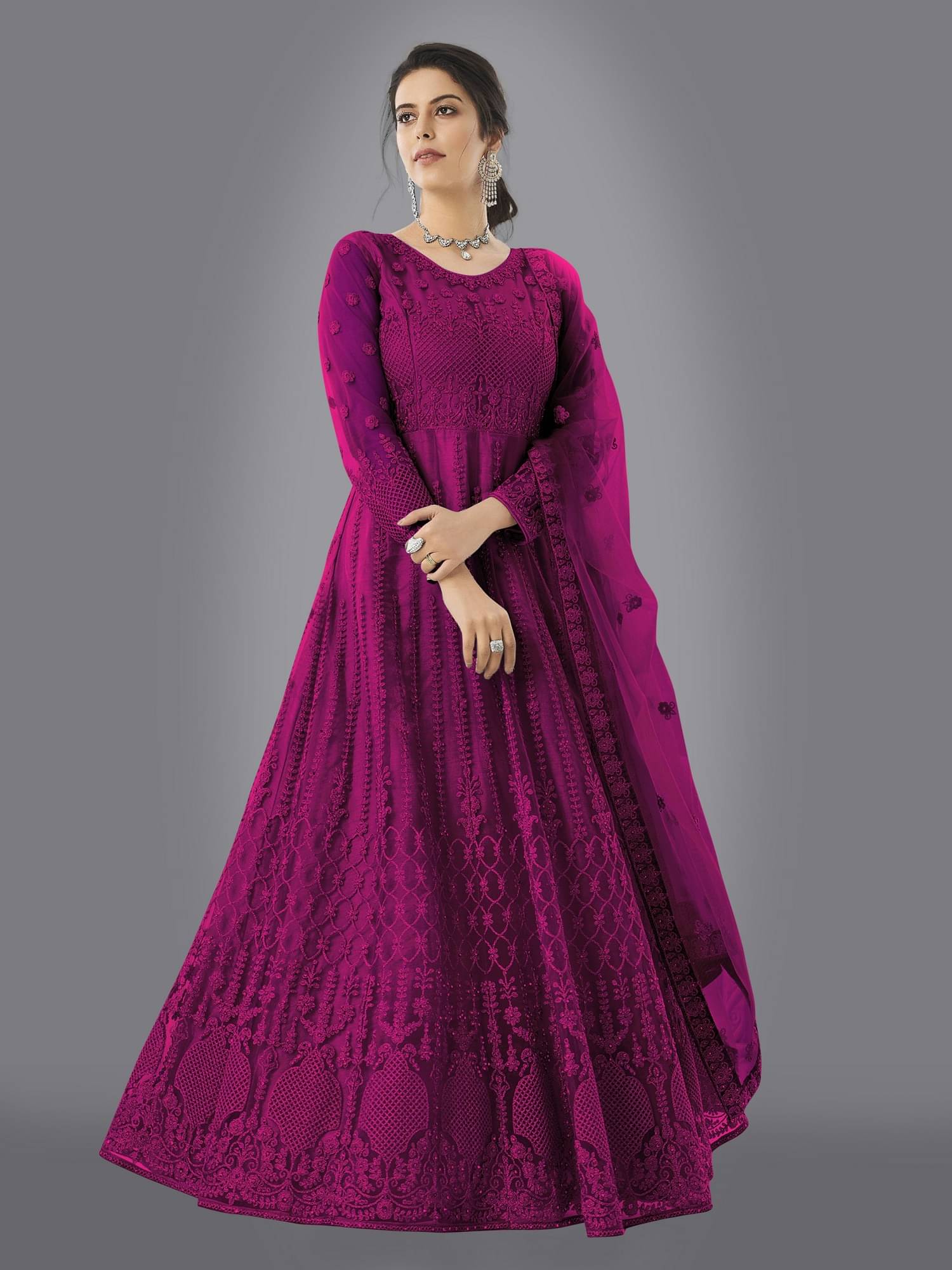     			JULEE Magenta Flared Net Women's Semi Stitched Ethnic Gown ( Pack of 1 )