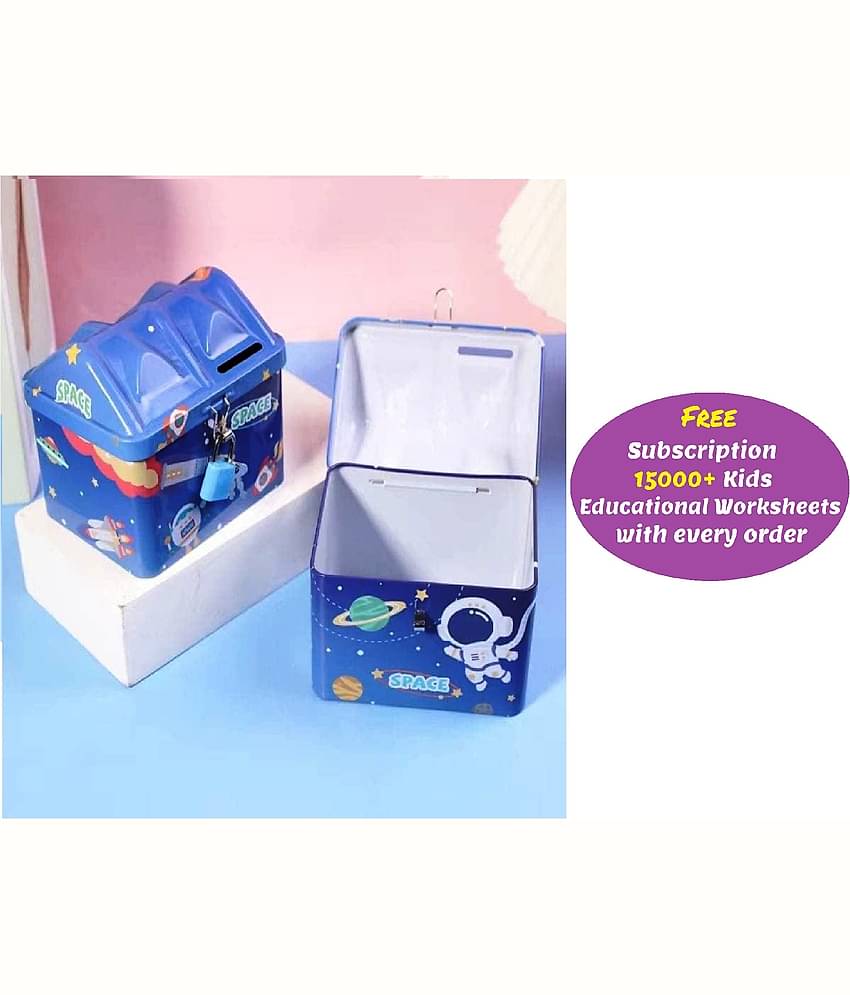 Kdsaholic boys Cartoon Themed Money Saving Tin Coin Box with Lock and Key – Birthday Return for Boys & Girls, Money Bank, Coin Box for Kids (Random Character Space/ Crocodile) (Free subscription of kids Educational worksheets)