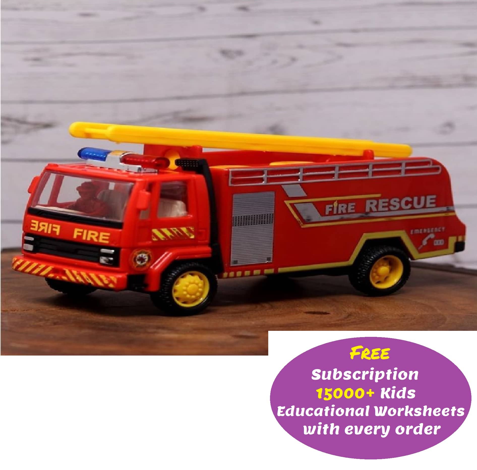 Kidsaholic Fire Tender Truck Toy Made of Non Toxic Plastic Pull Back Action - No Battery Required (Free subscription of kids Educational worksheets)