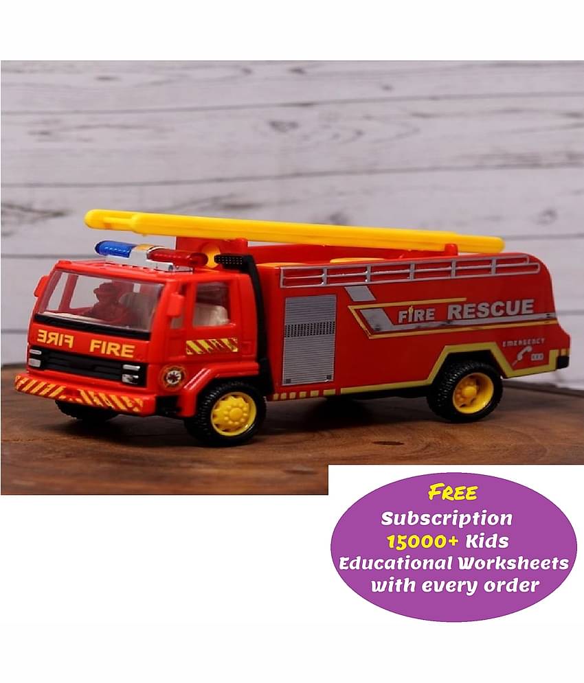 Kidsaholic Fire Tender Truck Toy Made of Non Toxic Plastic Pull Back Action - No Battery Required (Free subscription of kids Educational worksheets)
