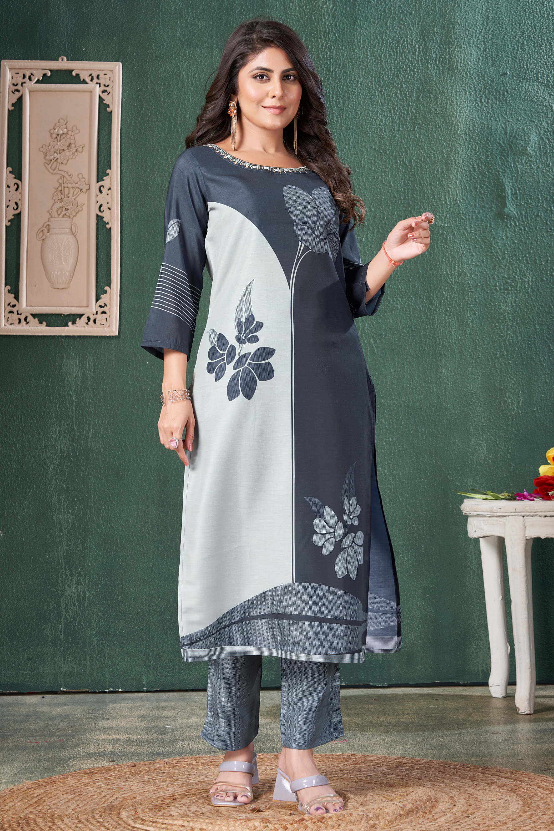 MOJILAA Silk Blend Printed Kurti With Pants Women's Stitched Salwar Suit - Blue ( Pack of 1 ) MOJILAA Silk Blend Printed Kurti With Pants Women's Stitched Salwar Suit - Blue ( Pack of 1 )