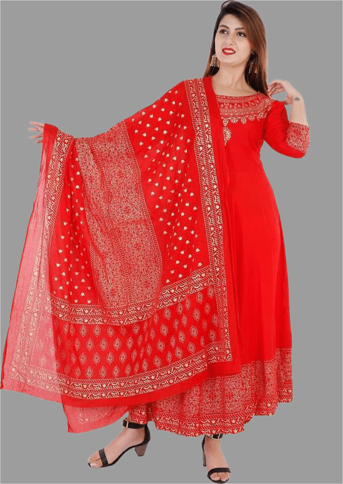     			NUPITAL Rayon Printed Anarkali Women's Kurti with Dupatta - Red ( Pack of 1 )