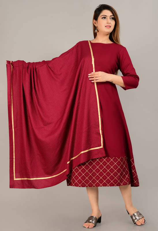 NUPITAL Rayon Printed Anarkali Women's Kurti with Dupatta - Maroon ( Pack of 1 ) NUPITAL Rayon Printed Anarkali Women's Kurti with Dupatta - Maroon ( Pack of 1 )