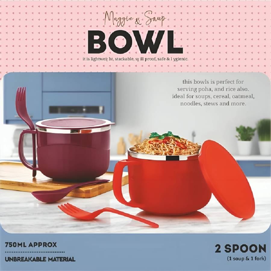 Plastic Inner Steel Insulated Multipurpose Bowl Maggi,Soup, Pasta Bowl with Lid & Spoon Set of 2 Bowl (Multicolor) Plastic Inner Steel Insulated Multipurpose Bowl Maggi,Soup, Pasta Bowl with Lid & Spoon Set of 2 Bowl (Multicolor)