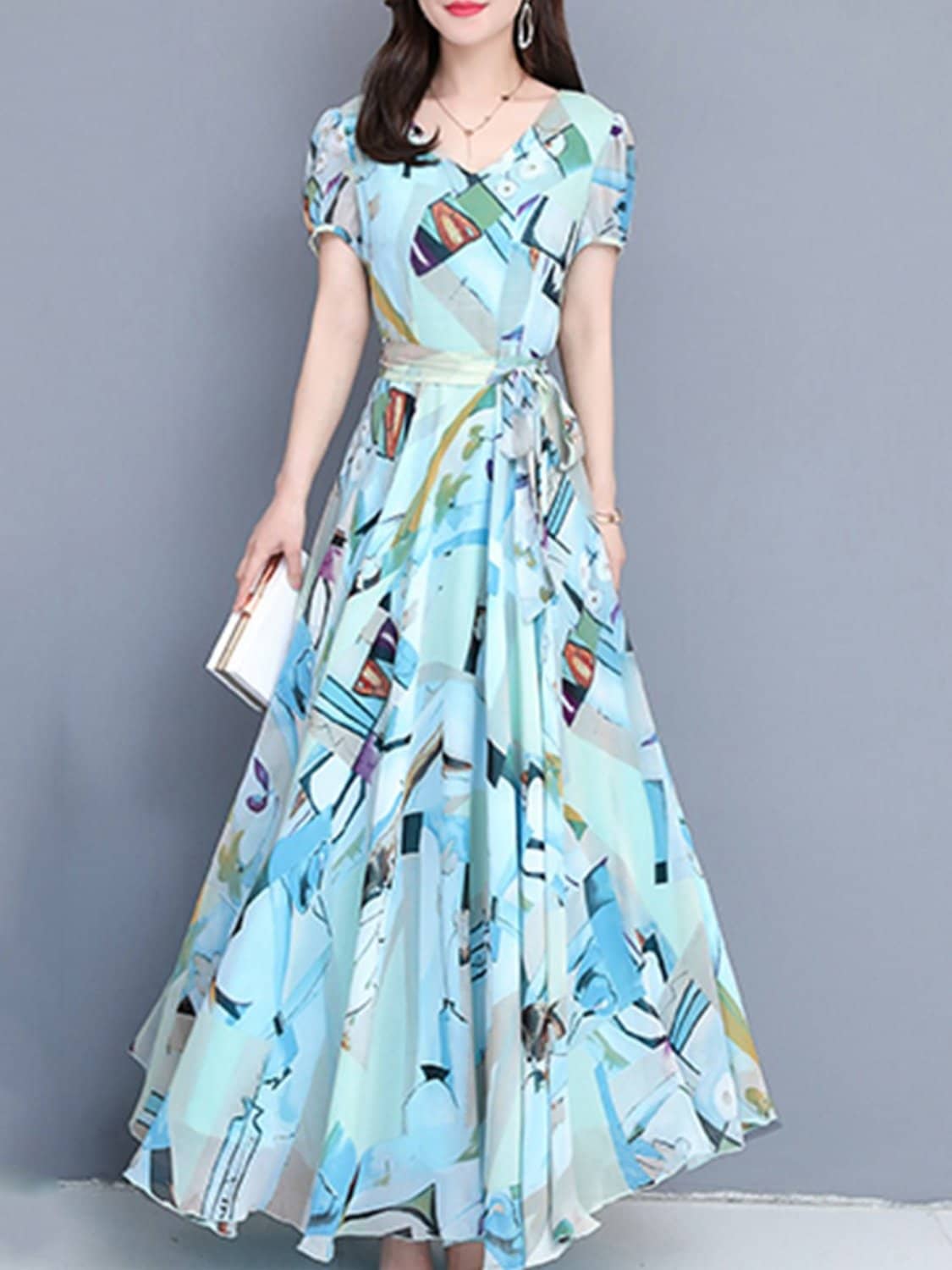 RAABTA FASHIION Crepe Printed Full Length Women's Fit & Flare Dress - Blue ( Pack of 1 )