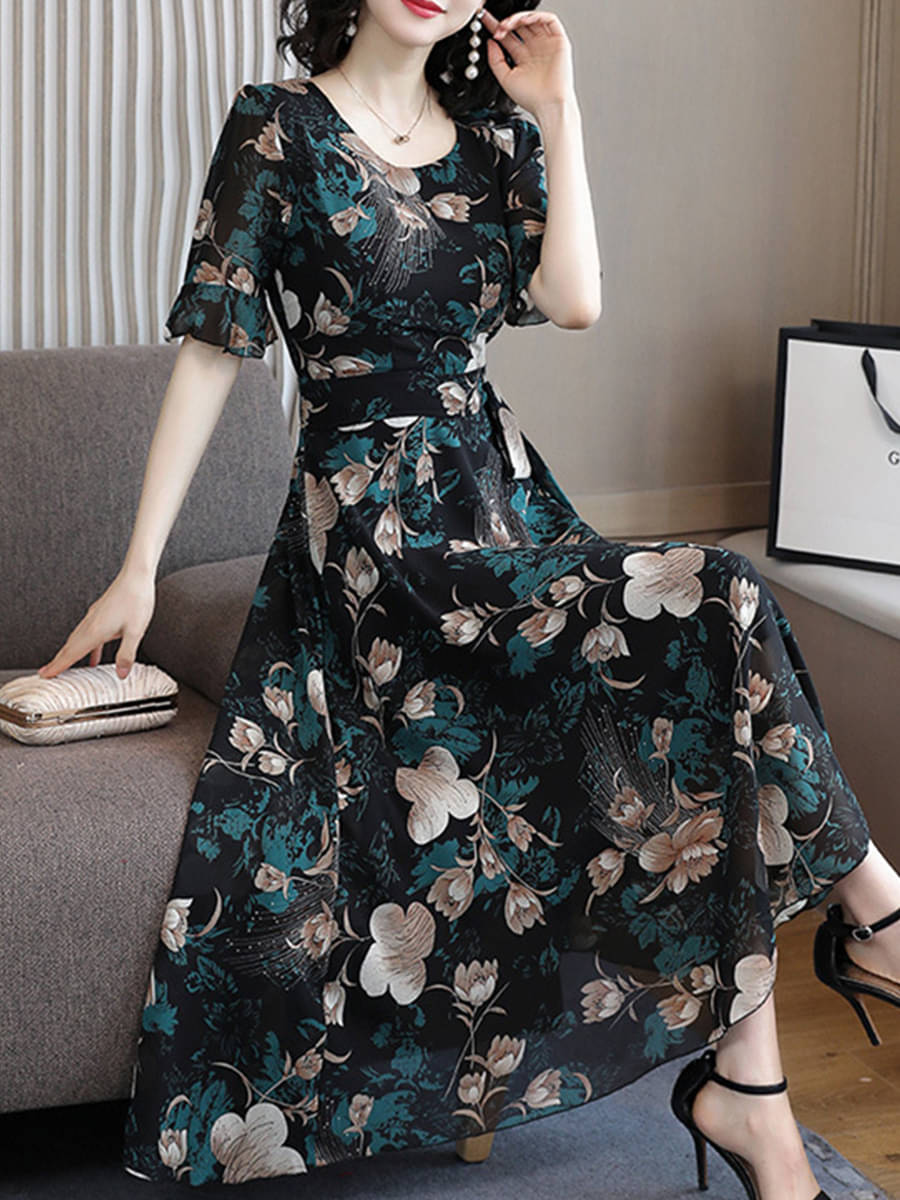 RAABTA FASHIION Women Crepe Printed Fit & Flare Dress ( Black ) RAABTA FASHIION Women Crepe Printed Fit & Flare Dress ( Black )