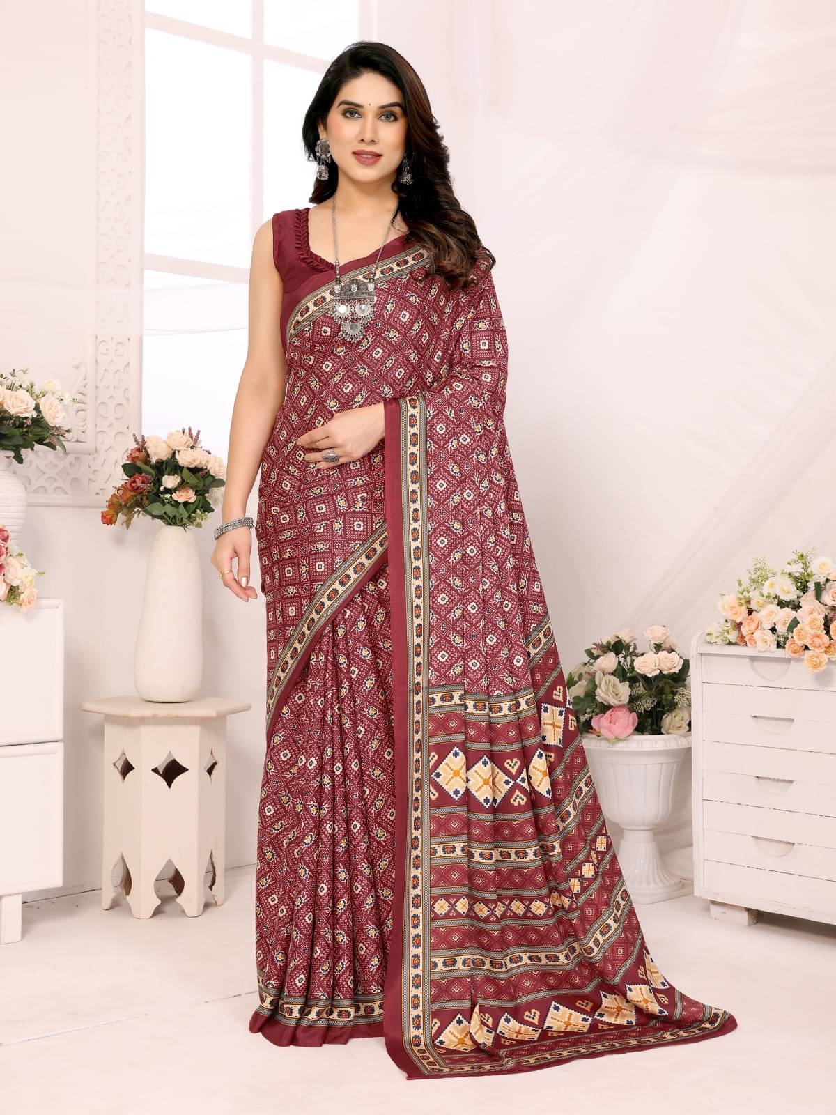 BLEESBURY Crepe Printed Saree With Unstitched Blouse Piece ( Maroon ) BLEESBURY Crepe Printed Saree With Unstitched Blouse Piece ( Maroon )