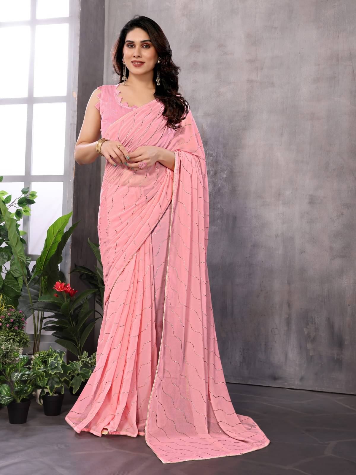 BLEESBURY Georgette Embellished Saree With Unstitched Blouse Piece ( Pink ) BLEESBURY Georgette Embellished Saree With Unstitched Blouse Piece ( Pink )