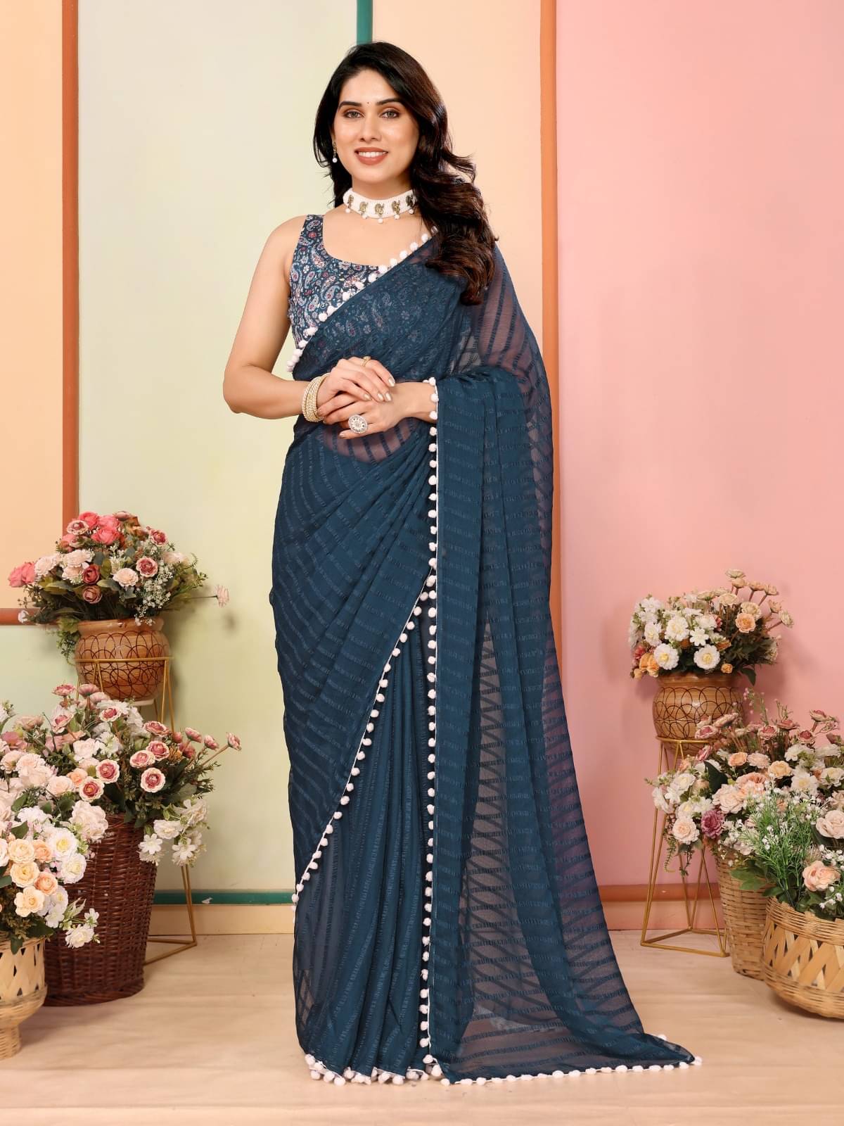 BLEESBURY Georgette Self Design Saree With Unstitched Blouse Piece ( Teal ) BLEESBURY Georgette Self Design Saree With Unstitched Blouse Piece ( Teal )
