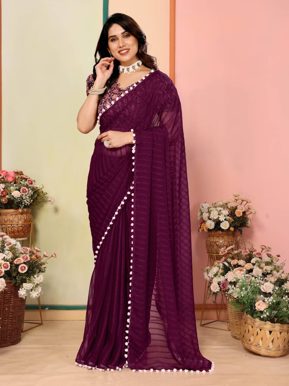 BLEESBURY Georgette Self Design Saree With Unstitched Blouse Piece ( Magenta ) BLEESBURY Georgette Self Design Saree With Unstitched Blouse Piece ( Magenta )