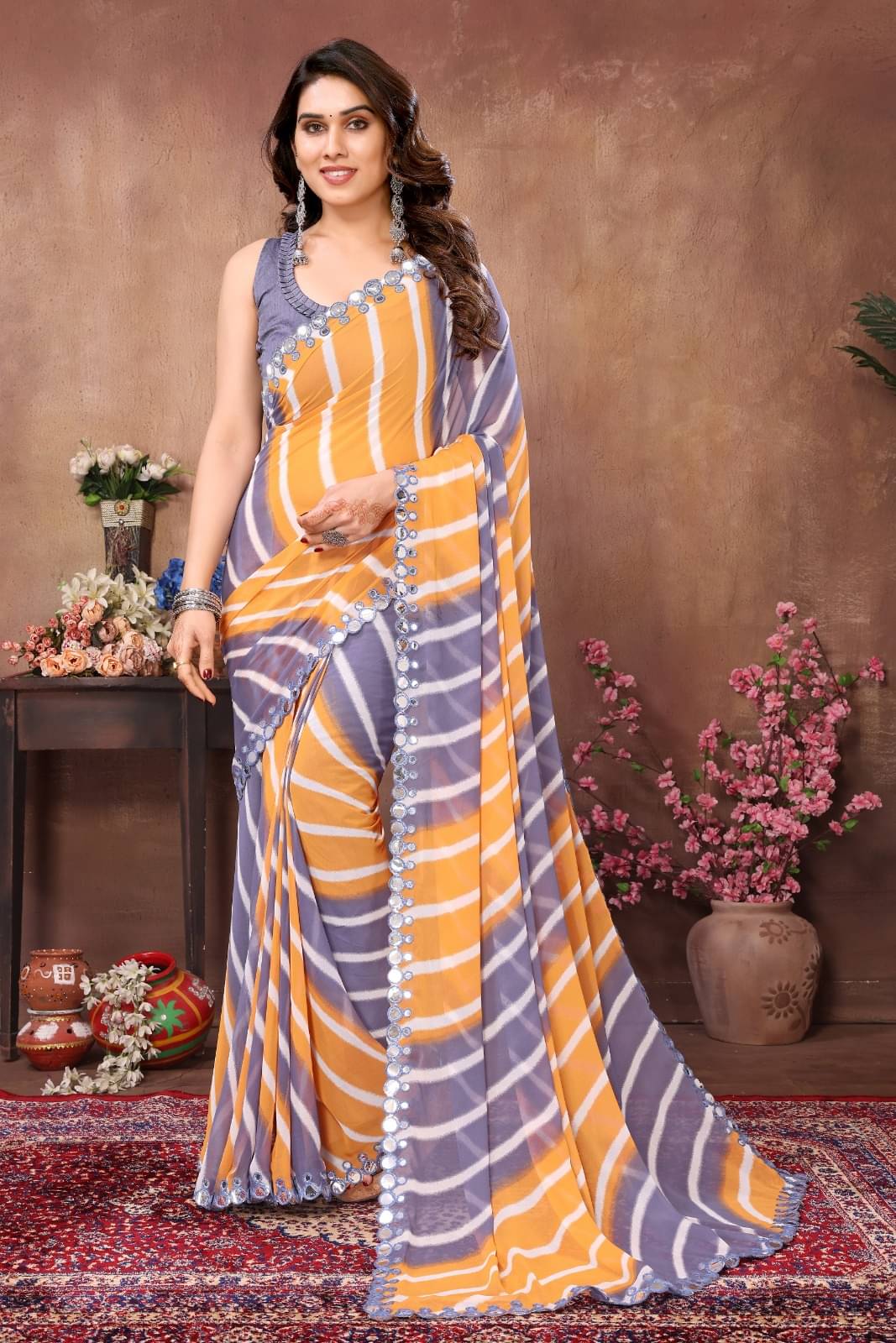     			BLEESBURY Georgette Striped Saree With Unstitched Blouse Piece ( Multicolor )