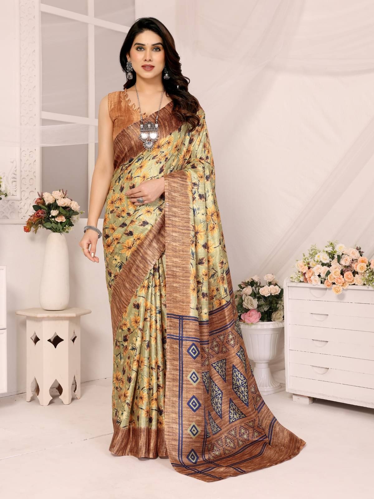 BLEESBURY Mysore Silk Printed Saree With Unstitched Blouse Piece ( Brown ) BLEESBURY Mysore Silk Printed Saree With Unstitched Blouse Piece ( Brown )