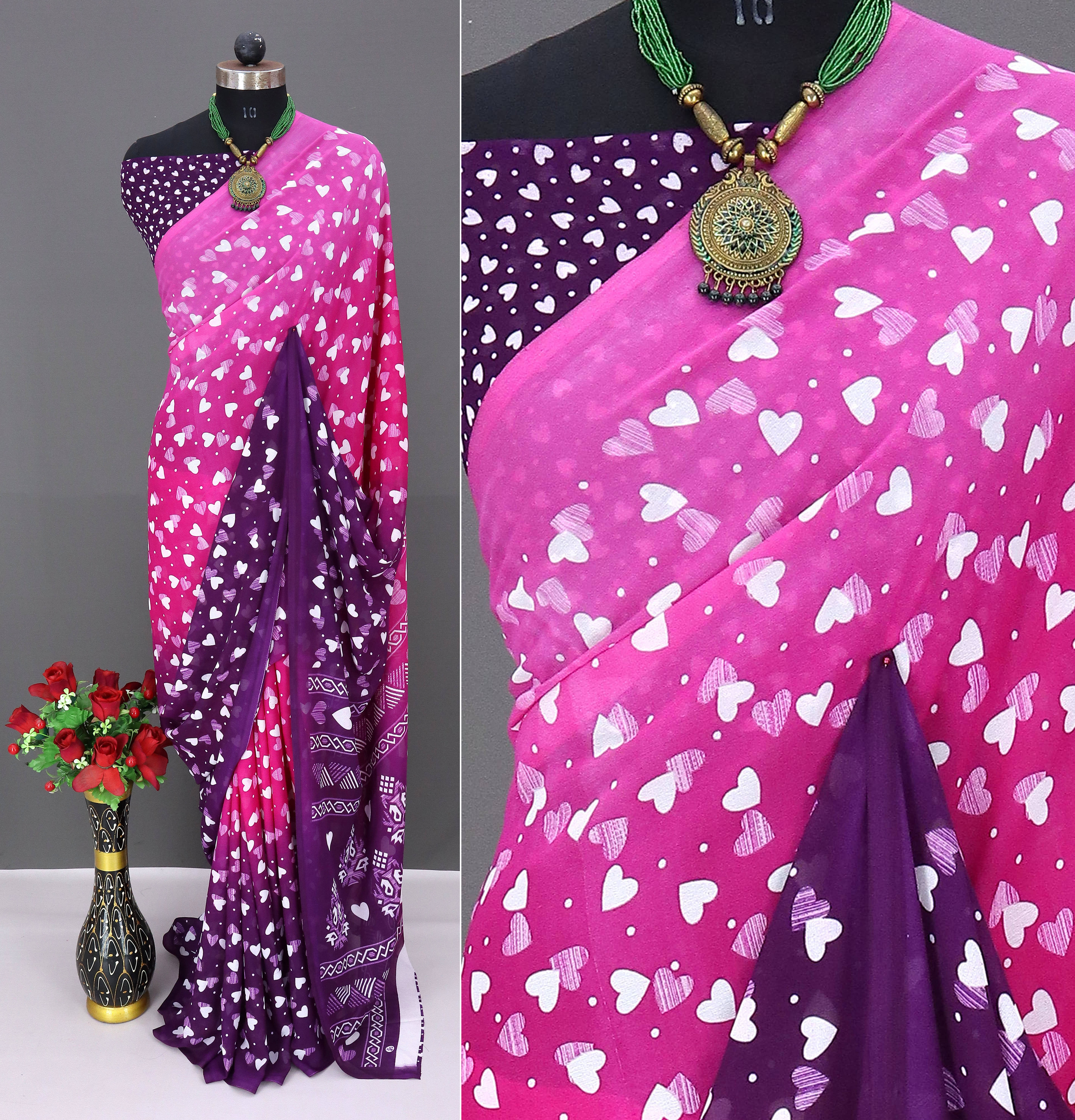 Rekha Maniyar Georgette Printed Saree With Unstitched Blouse Piece ( Pink ) - Sarees | Buy online on ZillyBuy