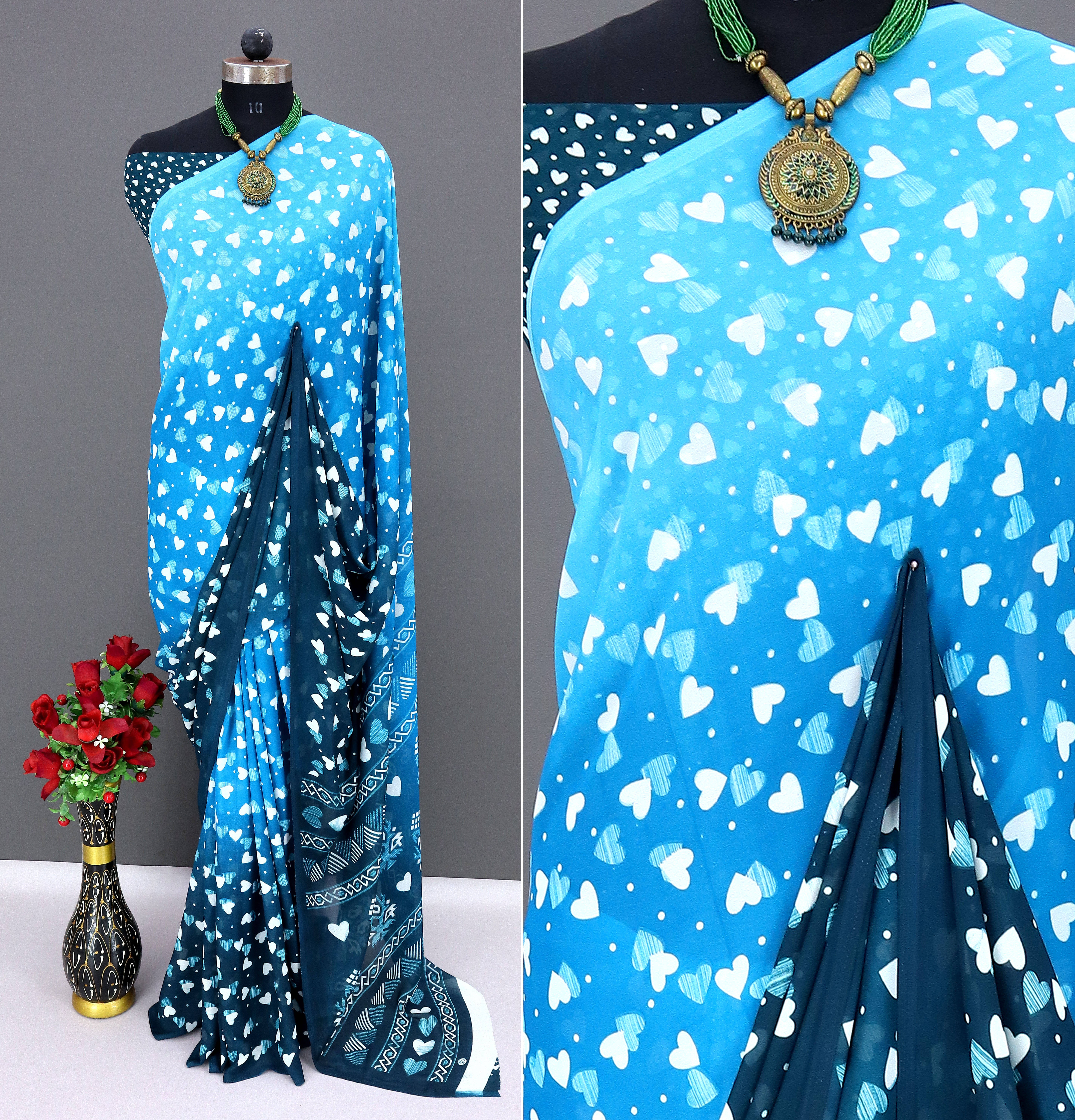 Rekha Maniyar Georgette Printed Saree With Unstitched Blouse Piece ( Teal ) Rekha Maniyar Georgette Printed Saree With Unstitched Blouse Piece ( Teal )