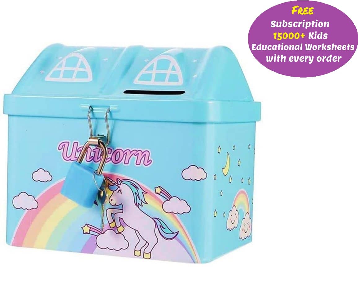 Shape Unicorn Printed Metal Coin Bank Piggy Bank for Kids with Lock(Blue) (Free subscription of kids Educational worksheets)
