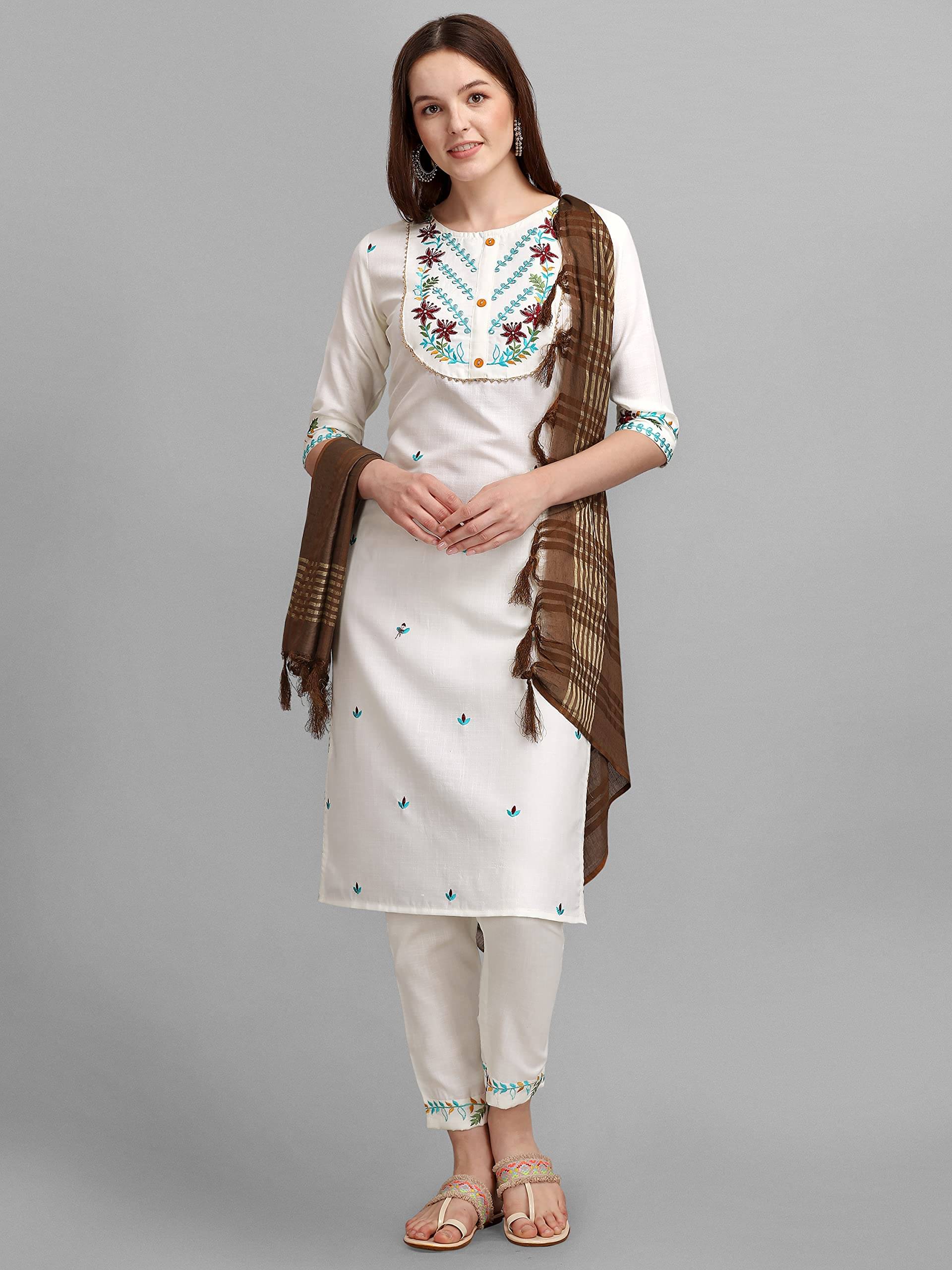 VredeVogel Cotton Blend Embroidered Kurti With Pants Women's Stitched Salwar Suit - White ( Pack of 1 ) VredeVogel Cotton Blend Embroidered Kurti With Pants Women's Stitched Salwar Suit - White ( Pack of 1 )