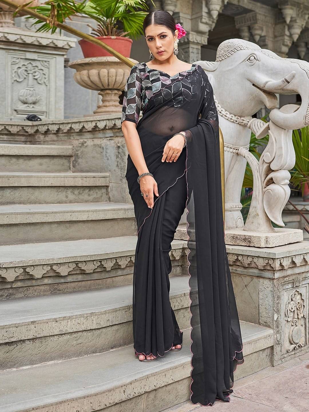 mahalaxmi fab Georgette Dyed Saree With Unstitched Blouse Piece ( Black ) mahalaxmi fab Georgette Dyed Saree With Unstitched Blouse Piece ( Black )