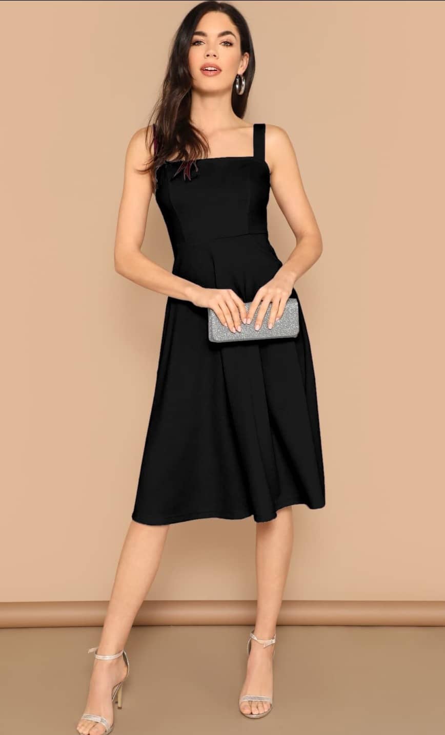 rixry Women Rayon Solid A-line Dress ( Black )